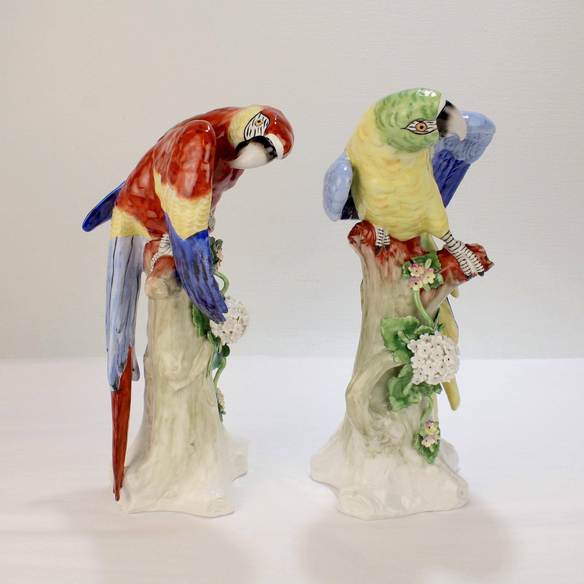 German Pair of Large Polychrome Vintage Sitzendorf Porcelain Macaw Parrot Figurines