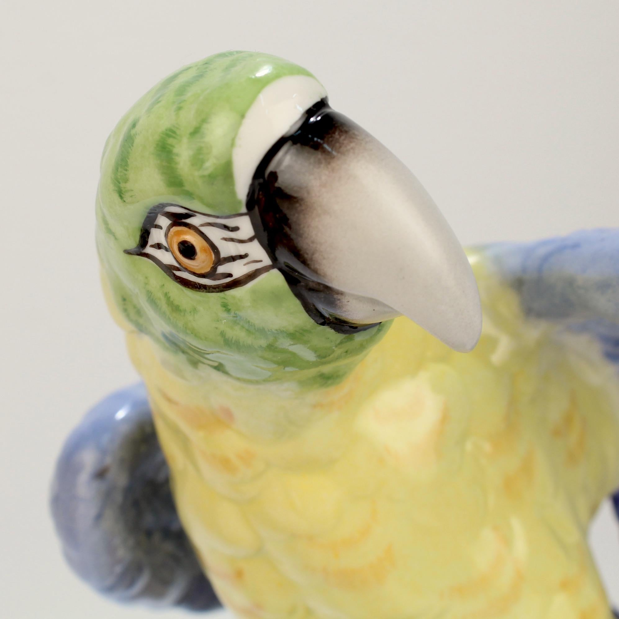 Hand-Painted Pair of Large Polychrome Vintage Sitzendorf Porcelain Macaw Parrot Figurines