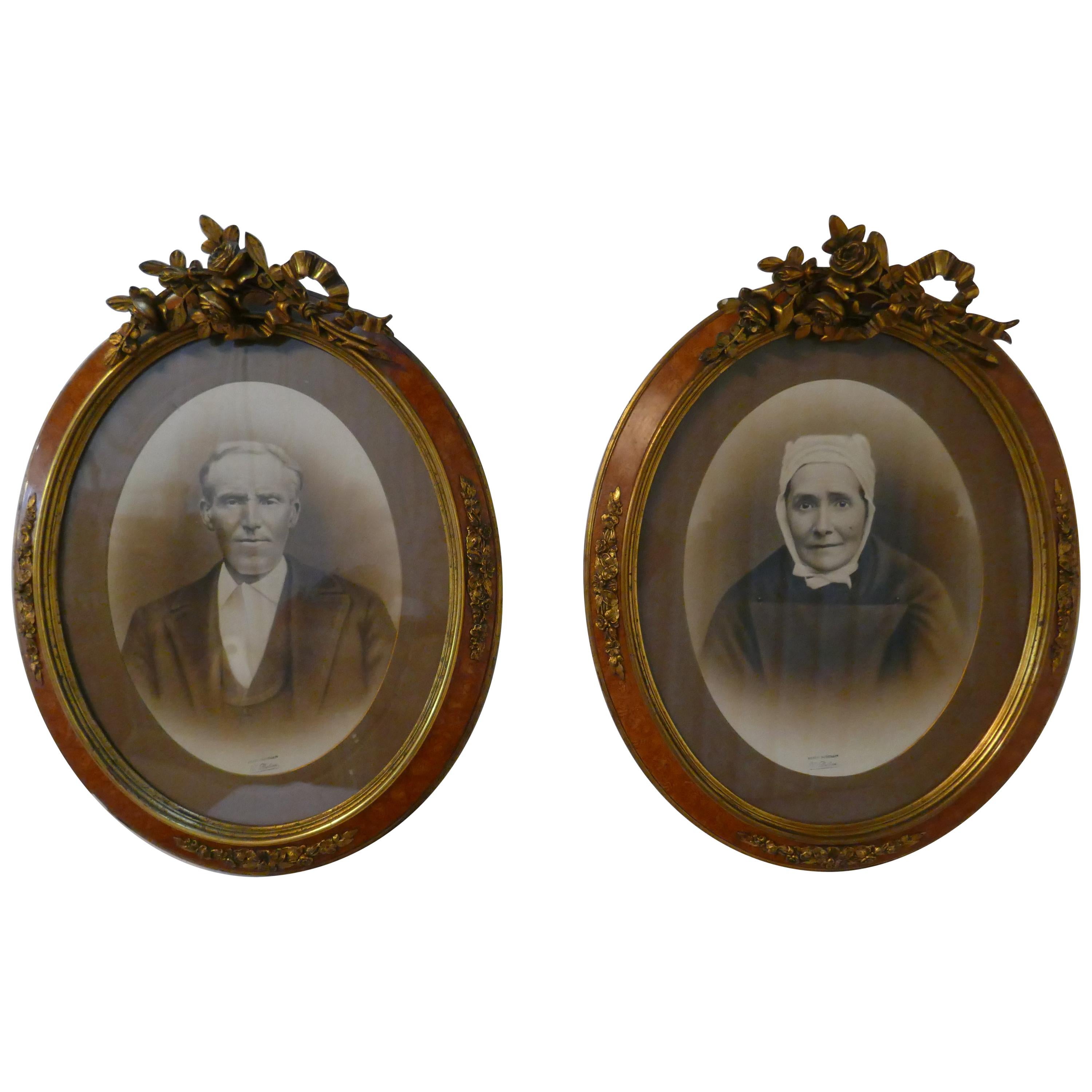 Pair of Large Portrait Photographs in Oval Ormolu Frames For Sale