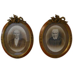 Antique Pair of Large Portrait Photographs in Oval Ormolu Frames