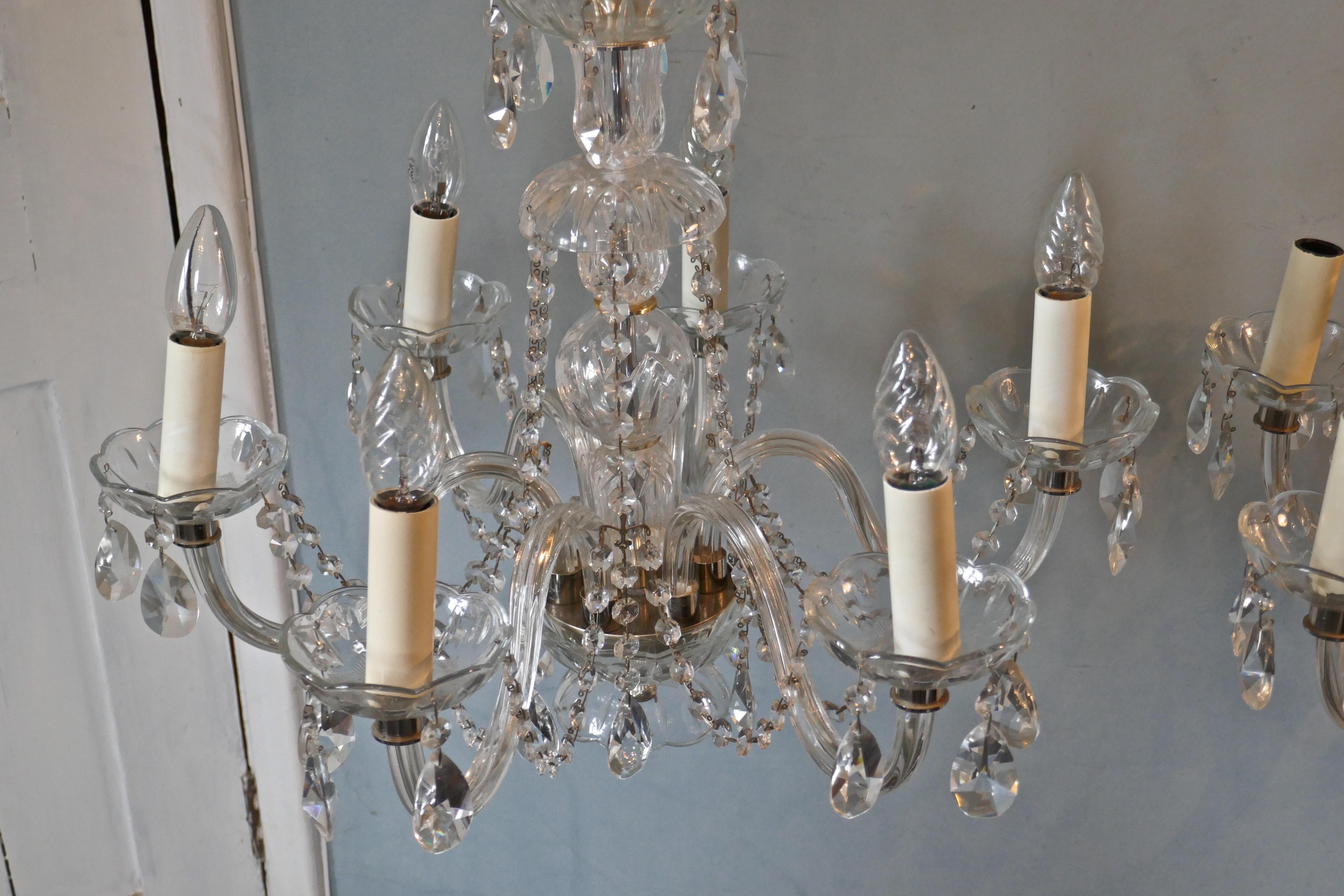 Pair of Large Rainbow Crystal 6 Branch Chandeliers In Good Condition In Chillerton, Isle of Wight