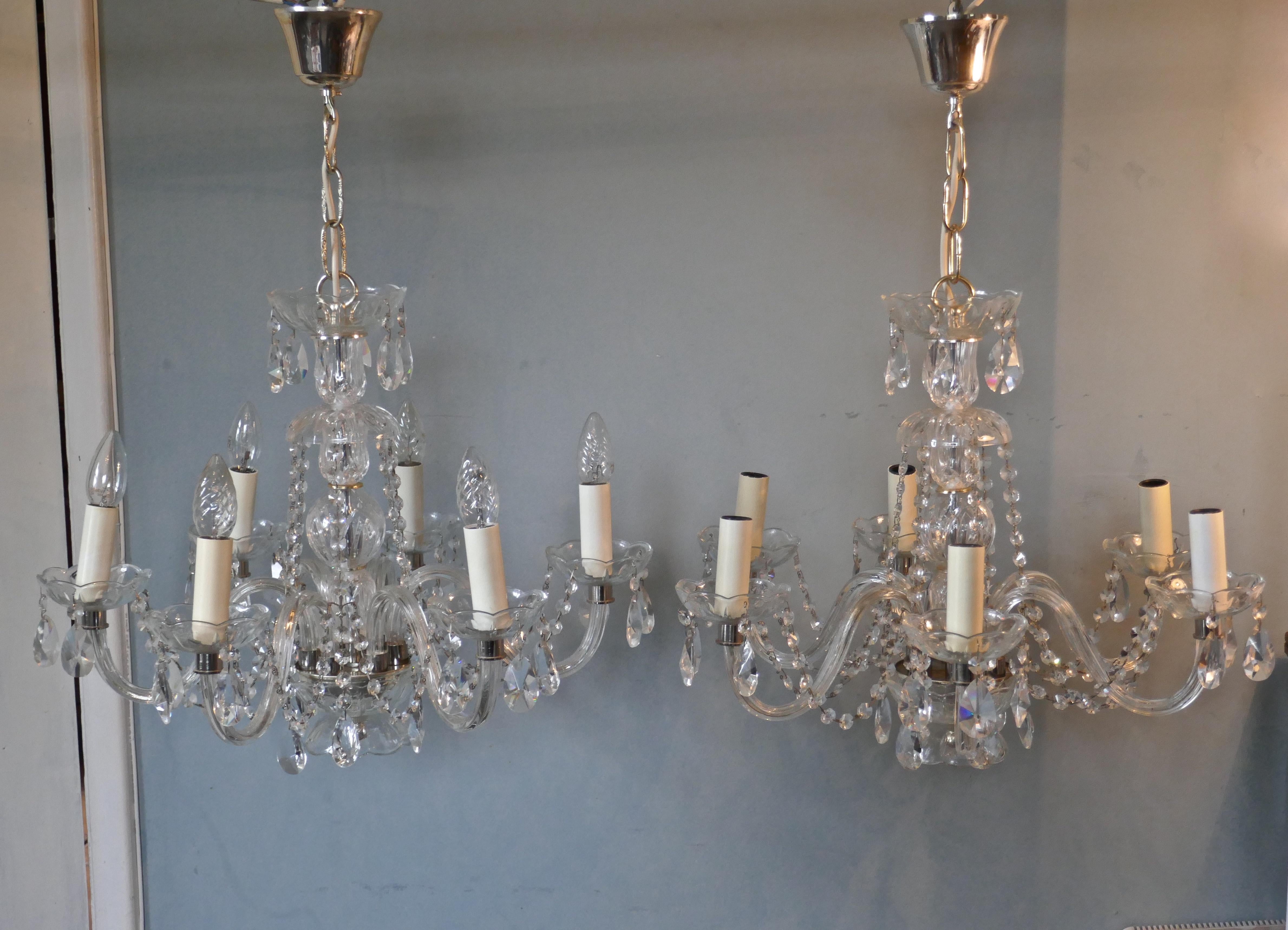 20th Century Pair of Large Rainbow Crystal 6 Branch Chandeliers