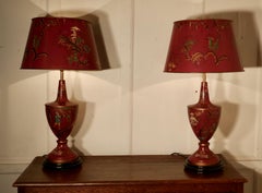 Pair of Large Red Chinoiserie Toleware Table Lamps