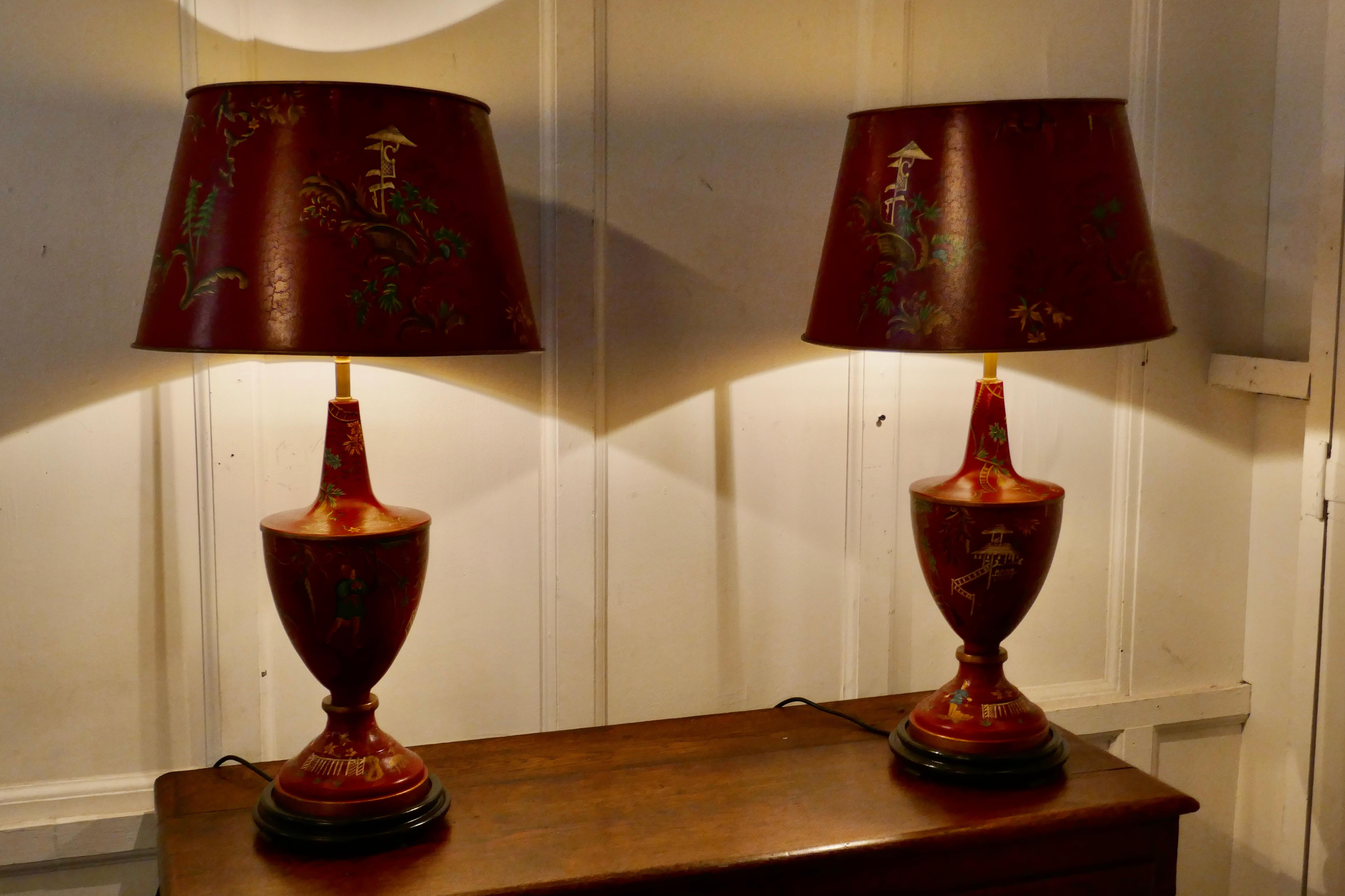 Late 20th Century Pair of Large Red Chinoiserie Toleware Table Lamps