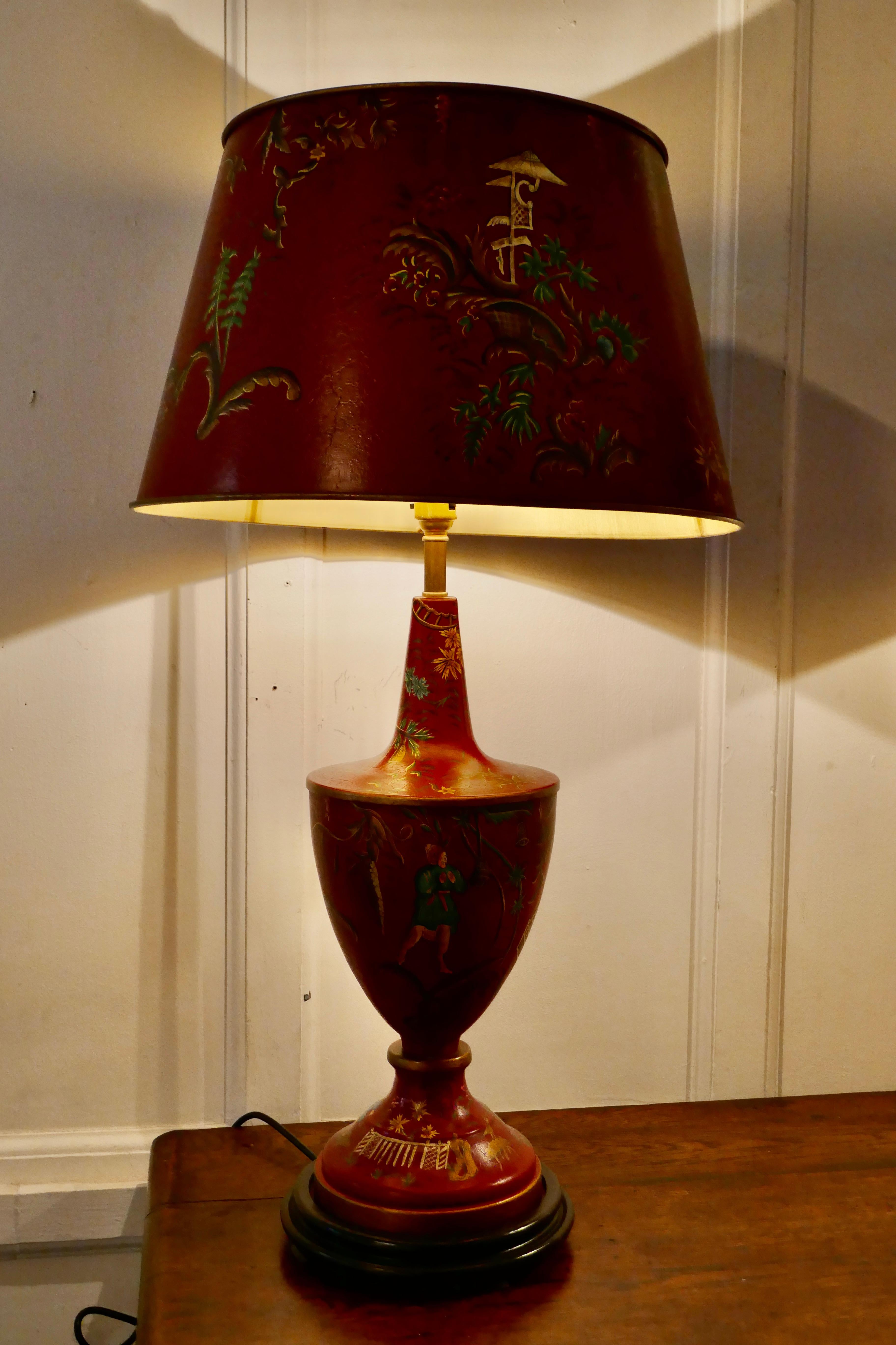 Tin Pair of Large Red Chinoiserie Toleware Table Lamps