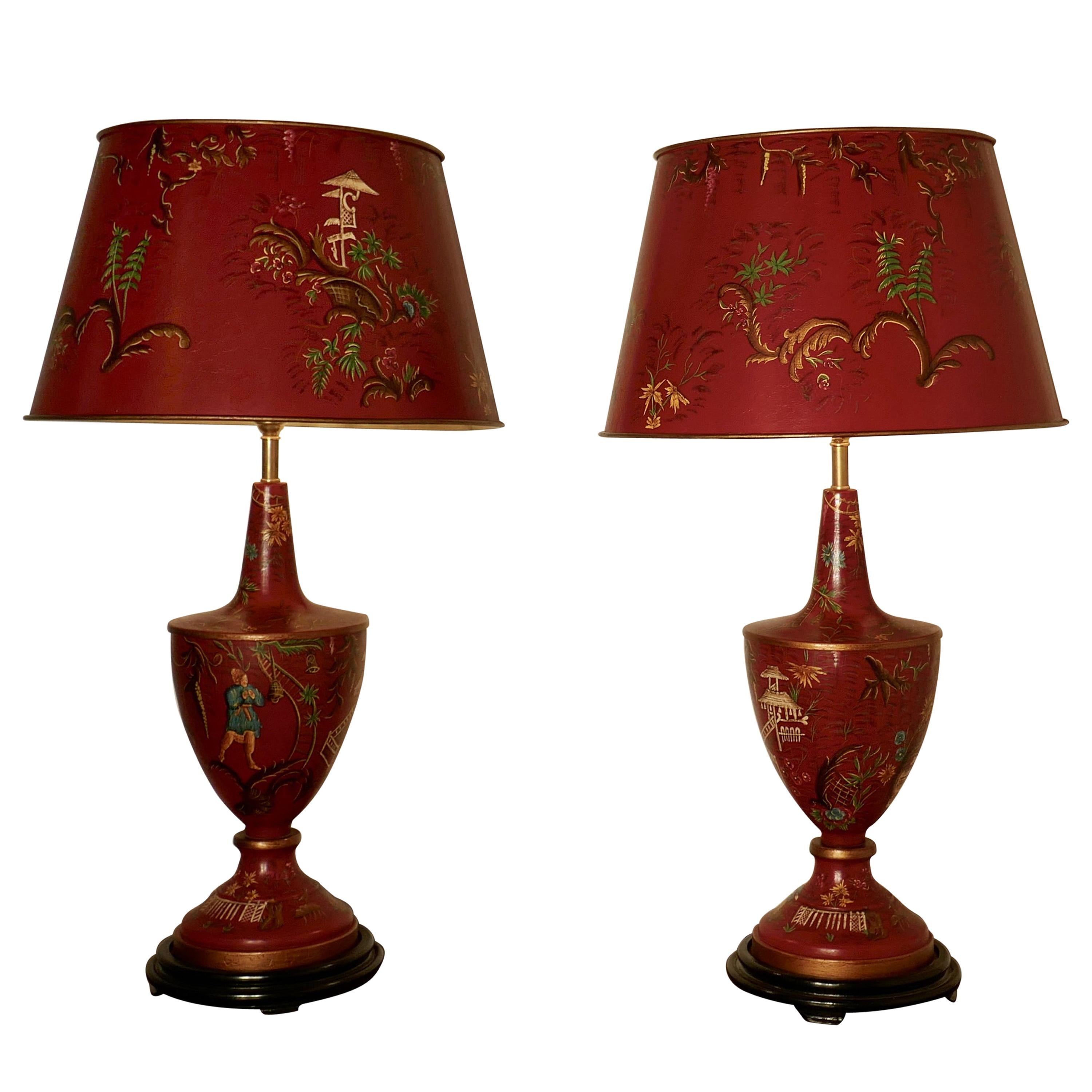 Pair of Large Red Chinoiserie Toleware Table Lamps