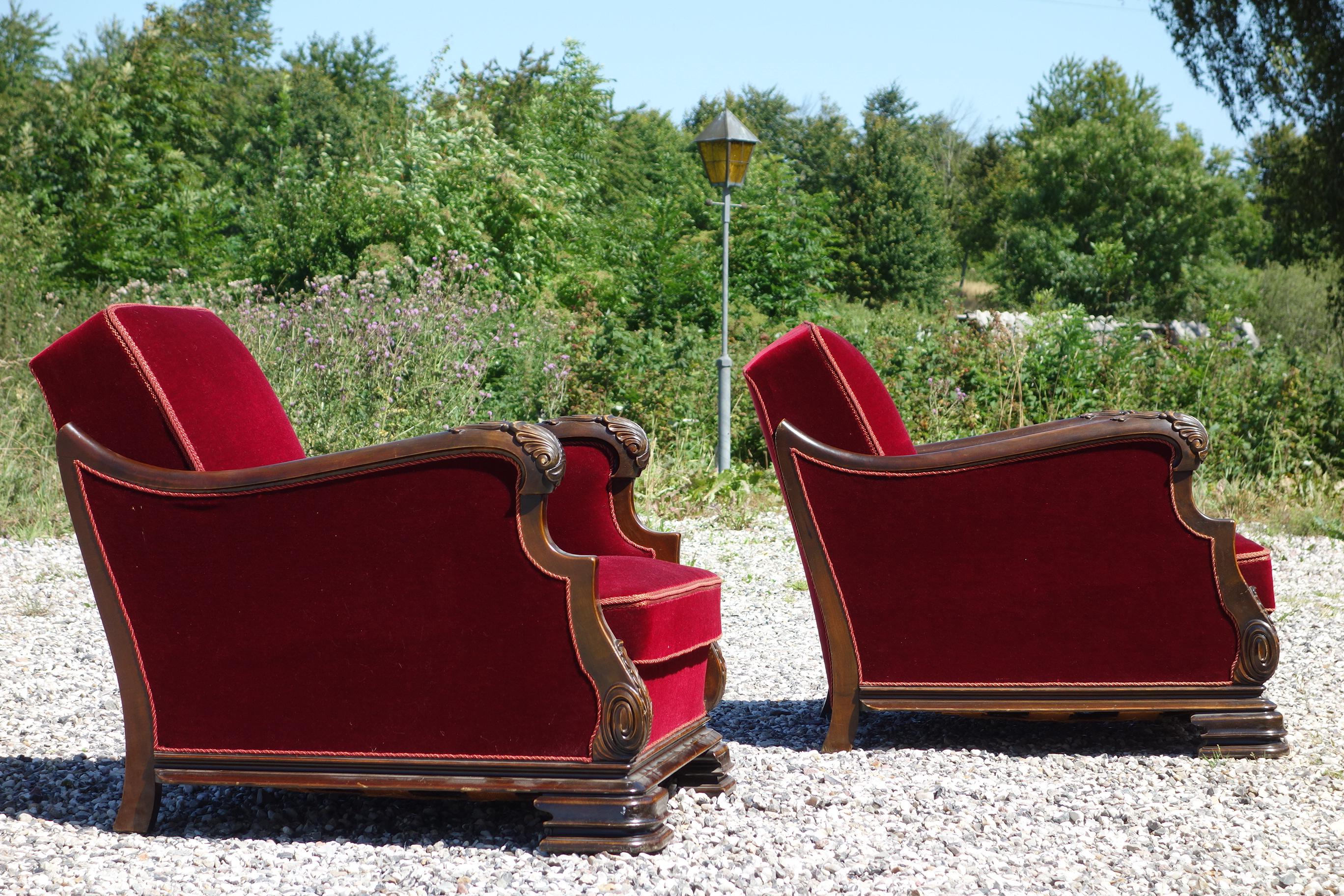 Art Deco Pair of Large Red Velour Chairs Danish Cabinetmaker from 1930-1940s