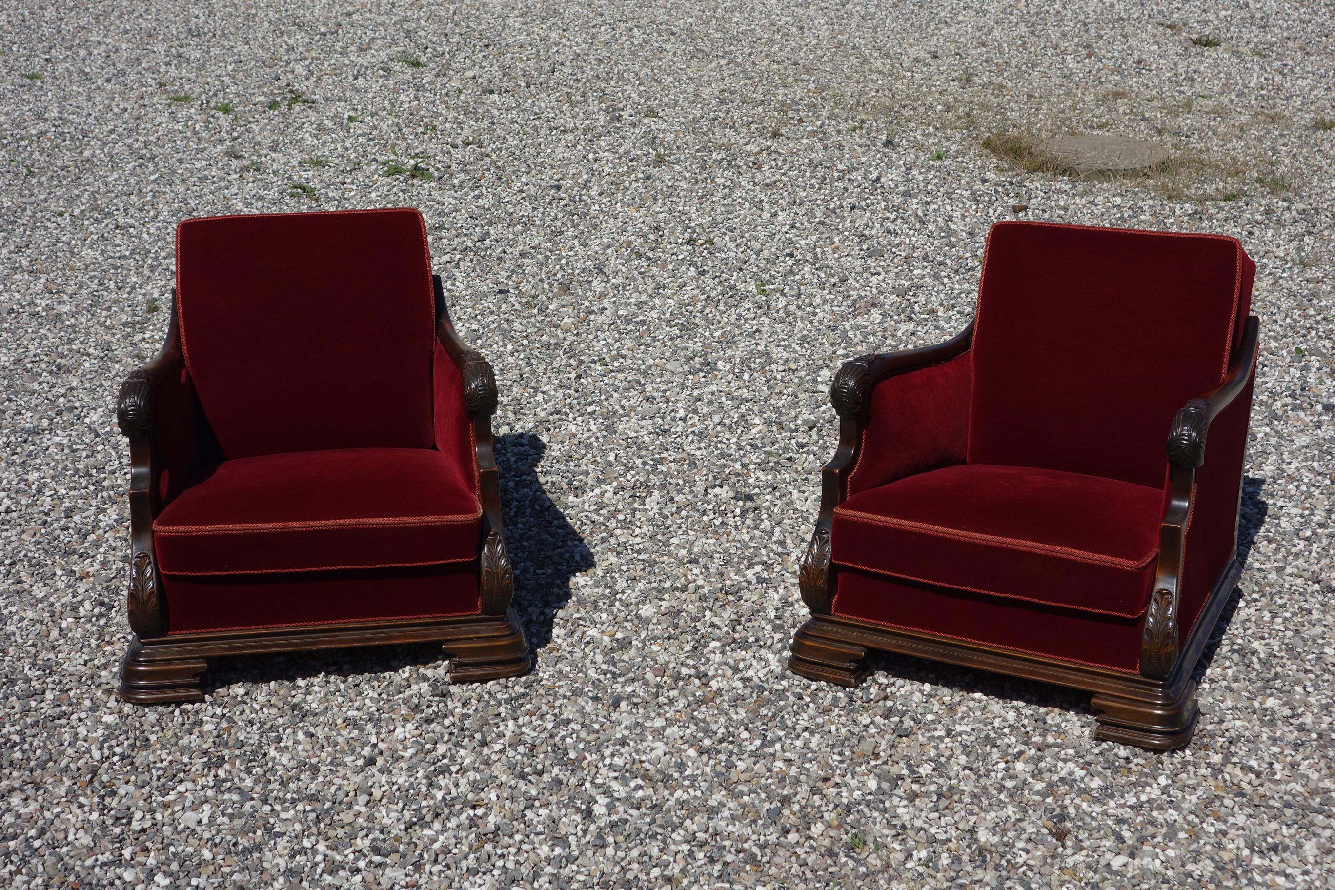 Pair of Large Red Velour Chairs Danish Cabinetmaker from 1930-1940s In Good Condition In Vejle Øst, DK