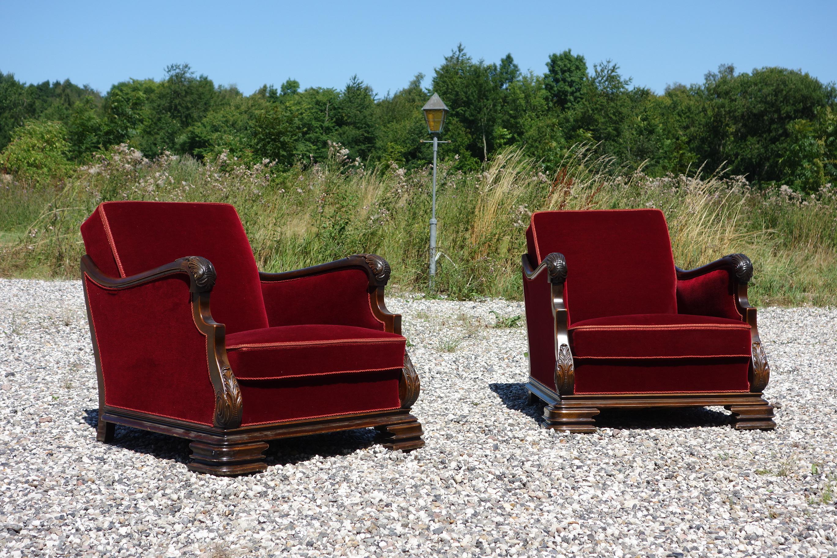 Mid-20th Century Pair of Large Red Velour Chairs Danish Cabinetmaker from 1930-1940s