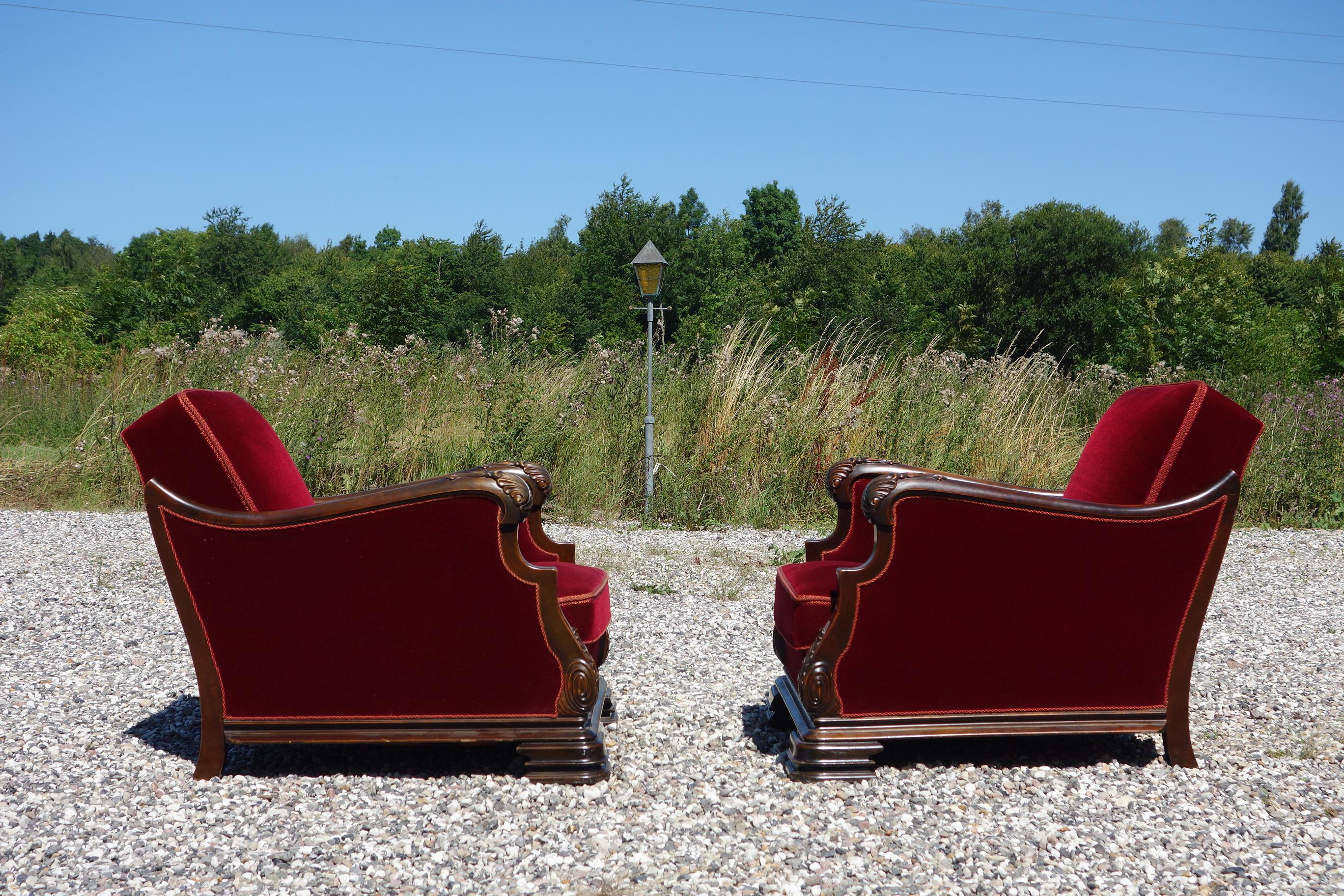 Beech Pair of Large Red Velour Chairs Danish Cabinetmaker from 1930-1940s
