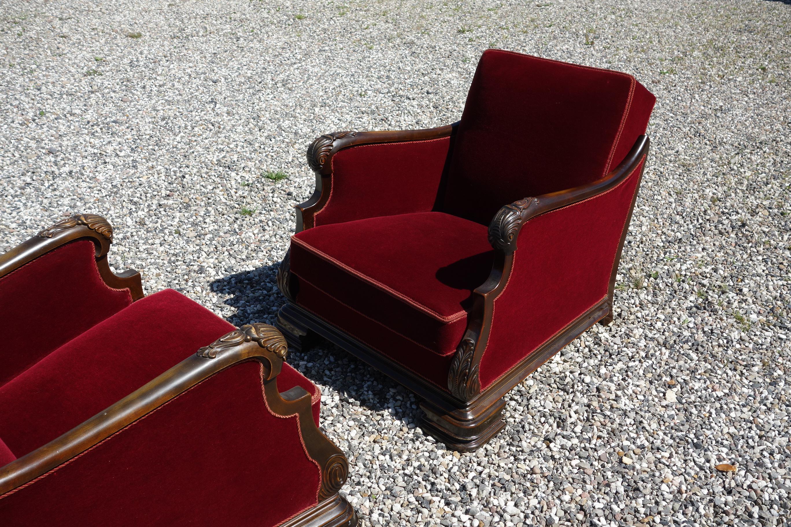 Pair of Large Red Velour Chairs Danish Cabinetmaker from 1930-1940s 1
