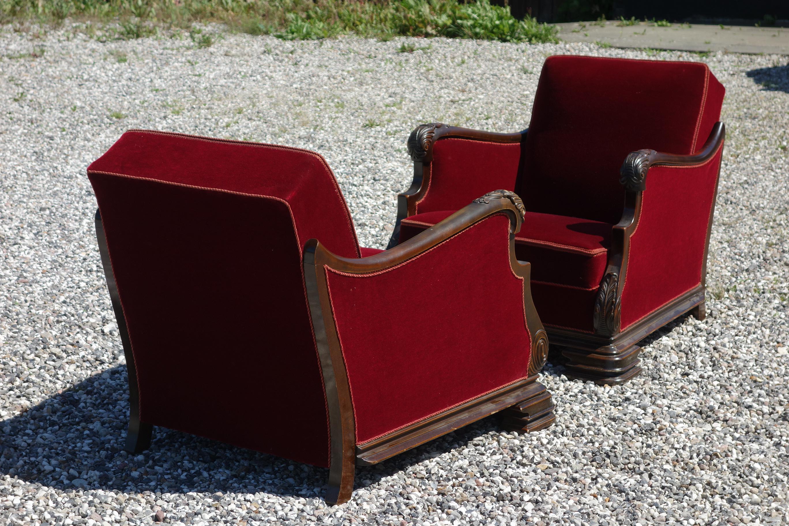 Pair of Large Red Velour Chairs Danish Cabinetmaker from 1930-1940s 2