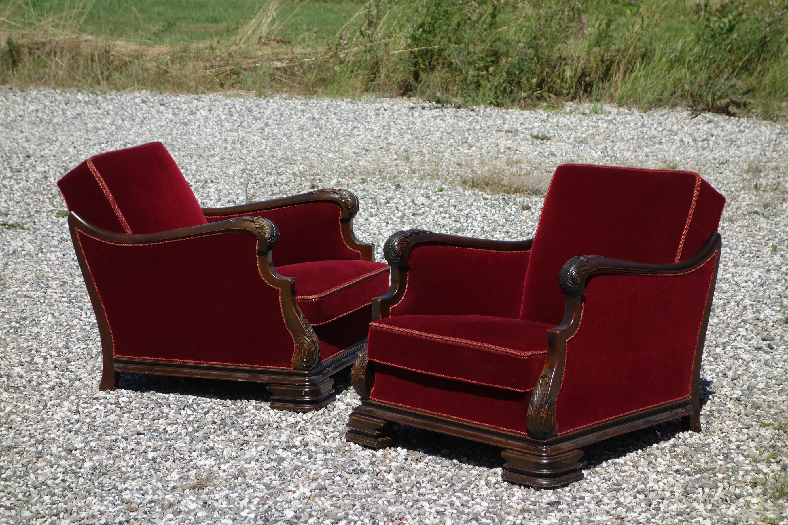 Pair of Large Red Velour Chairs Danish Cabinetmaker from 1930-1940s 3