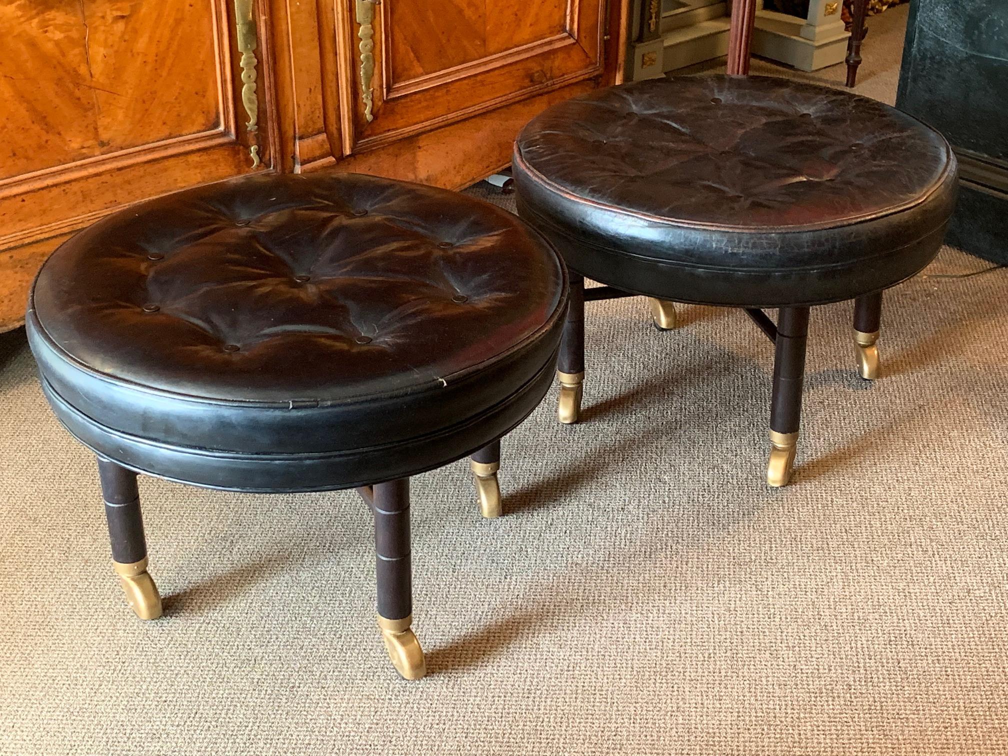 Modern A Pair of Large Round Leather Ottomans by Baker