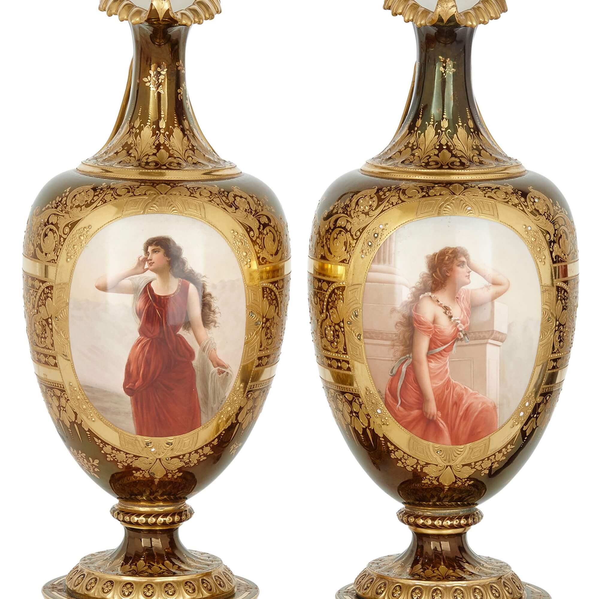 Austrian Pair of Large Royal Vienna Gilt and Painted Porcelain Ewers For Sale