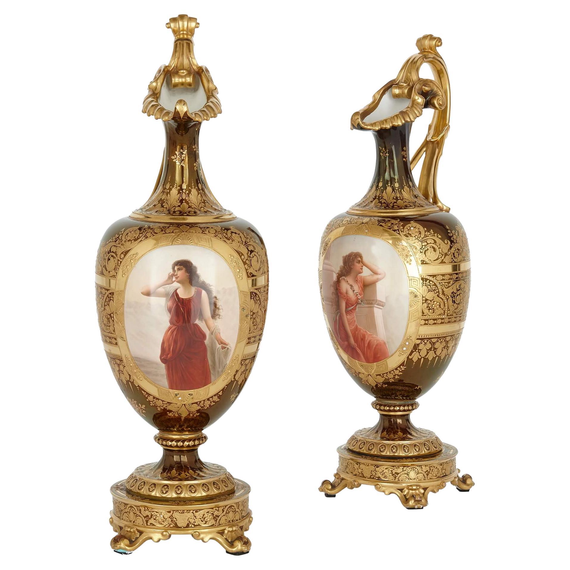 Pair of Large Royal Vienna Gilt and Painted Porcelain Ewers For Sale