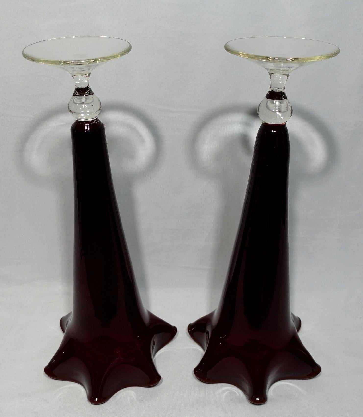 A Pair of Large Ruby and Clear Trumpet Vases For Sale 6