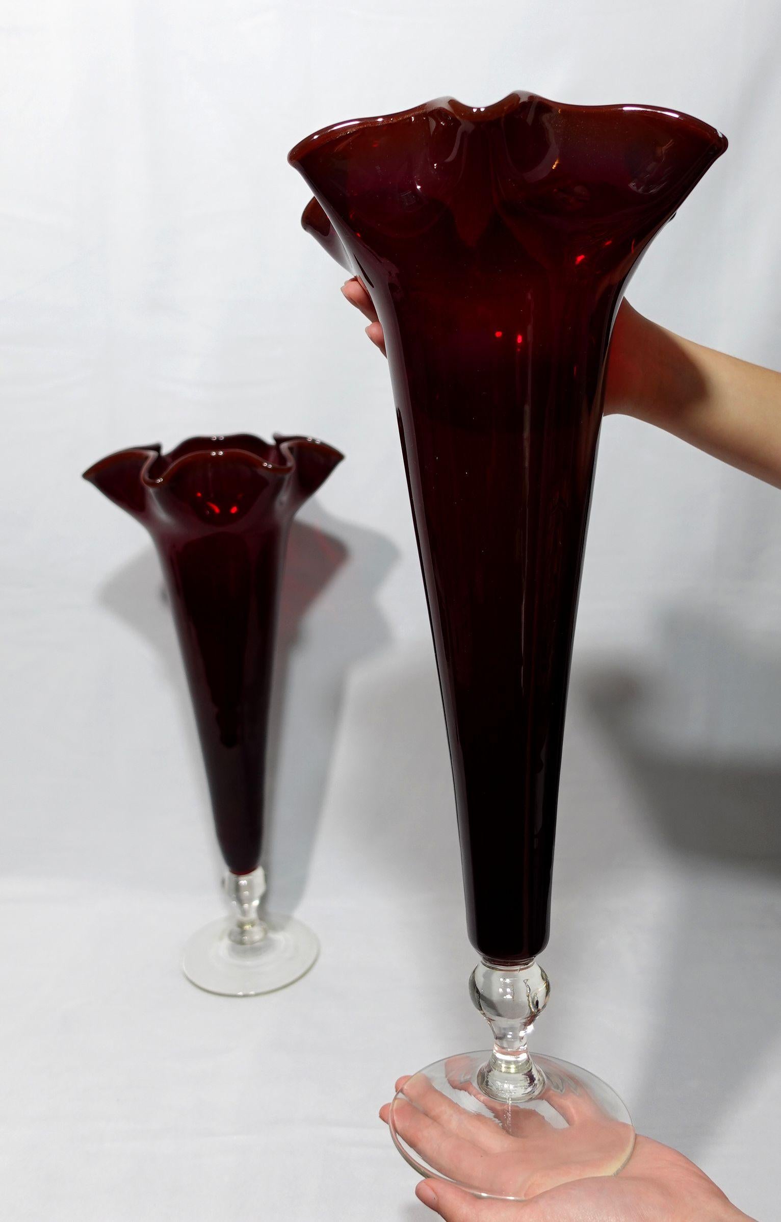 A Pair of Large Ruby and Clear Trumpet Vases For Sale 10