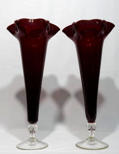 A Pair of Large Ruby and Clear Trumpet Vases
