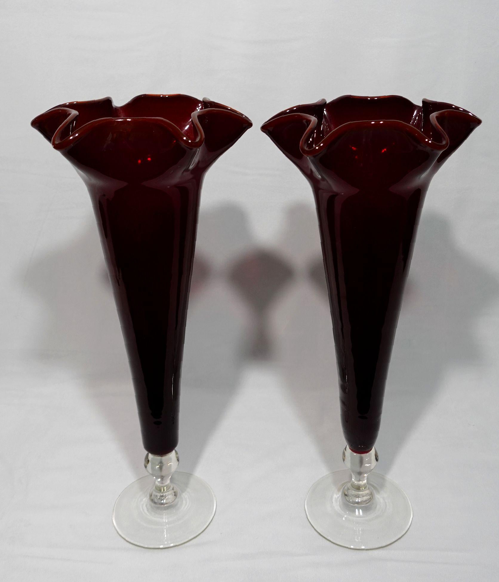 American A Pair of Large Ruby and Clear Trumpet Vases For Sale
