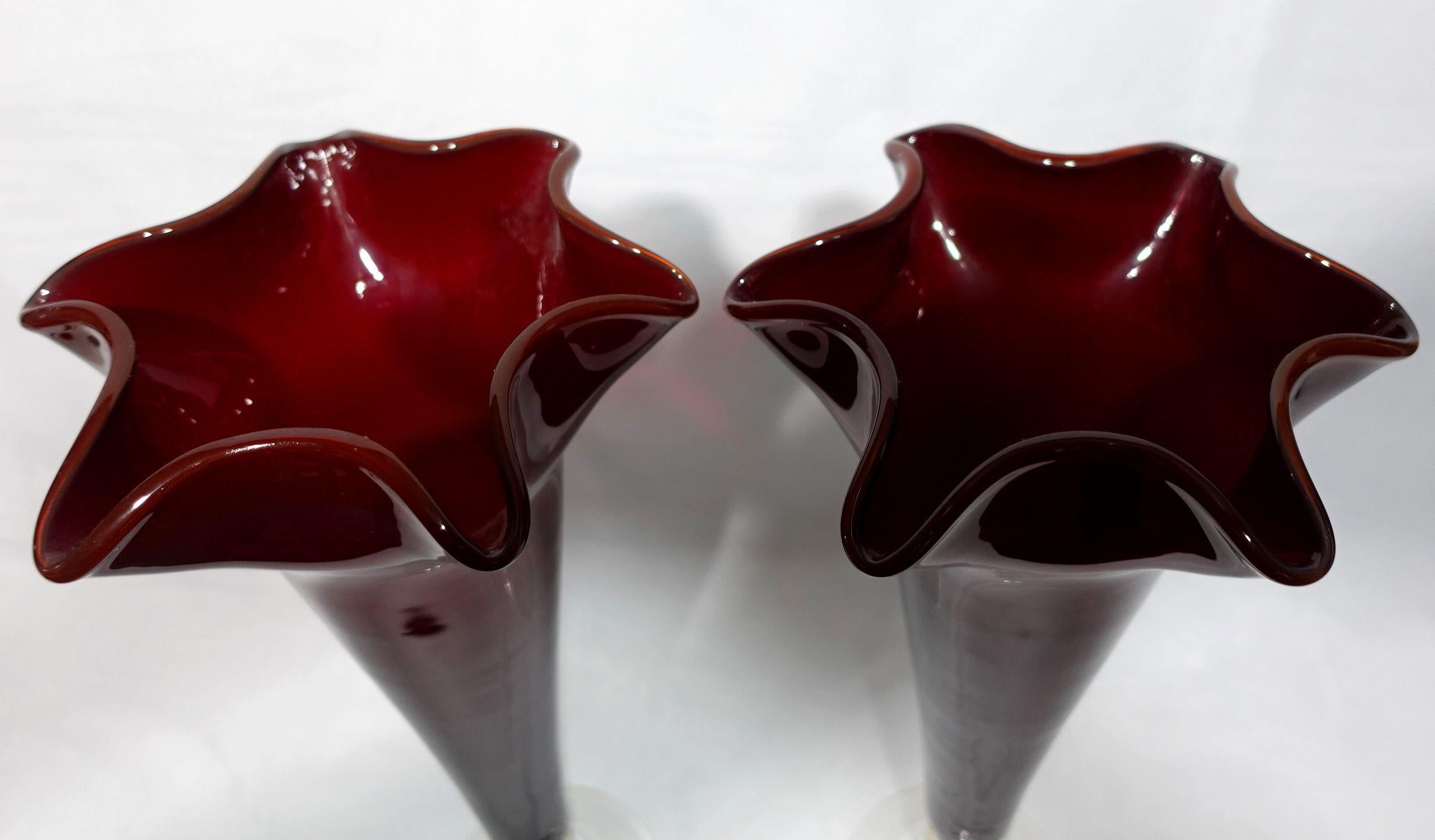 Hand-Crafted A Pair of Large Ruby and Clear Trumpet Vases For Sale