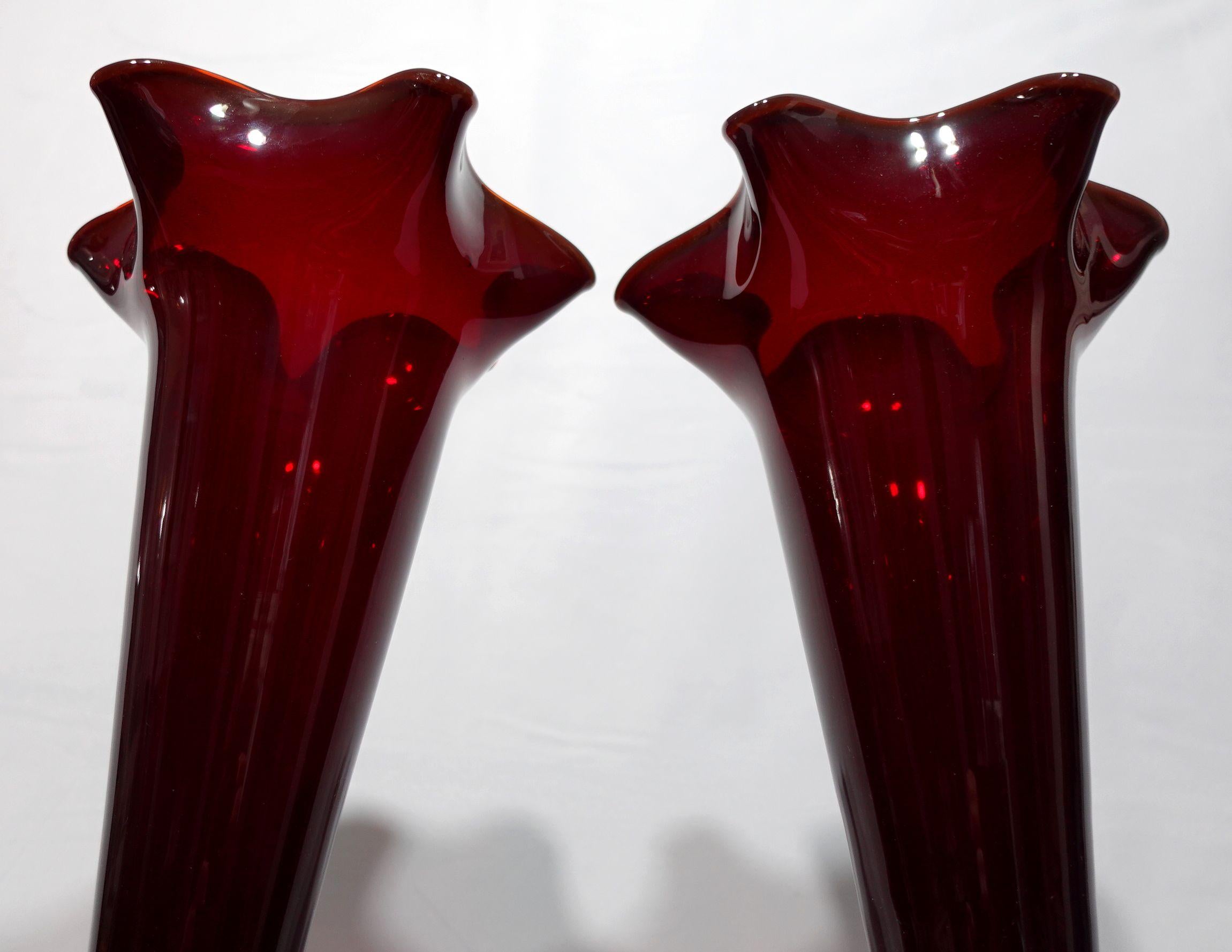 A Pair of Large Ruby and Clear Trumpet Vases For Sale 1