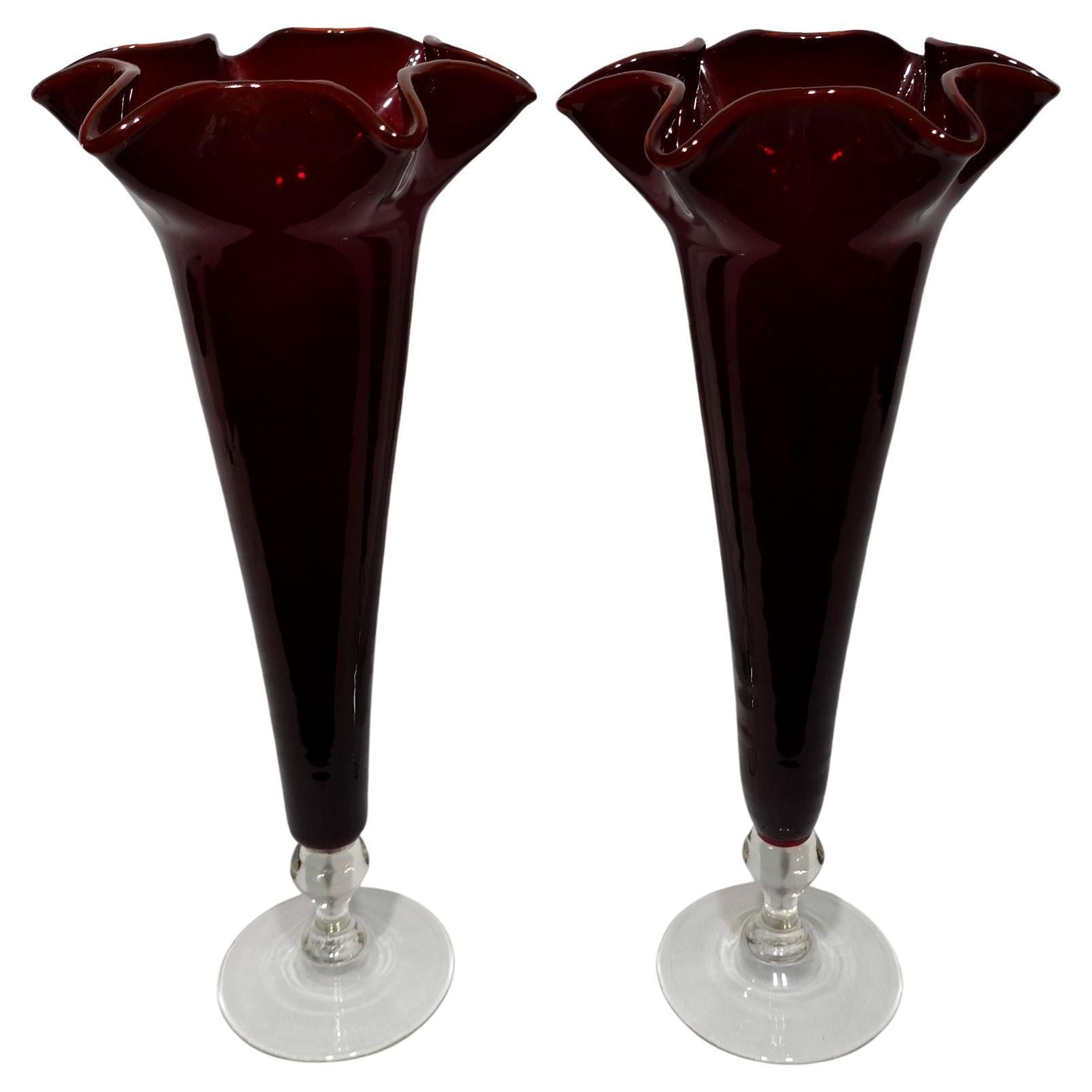 A Pair of Large Ruby and Clear Trumpet Vases For Sale