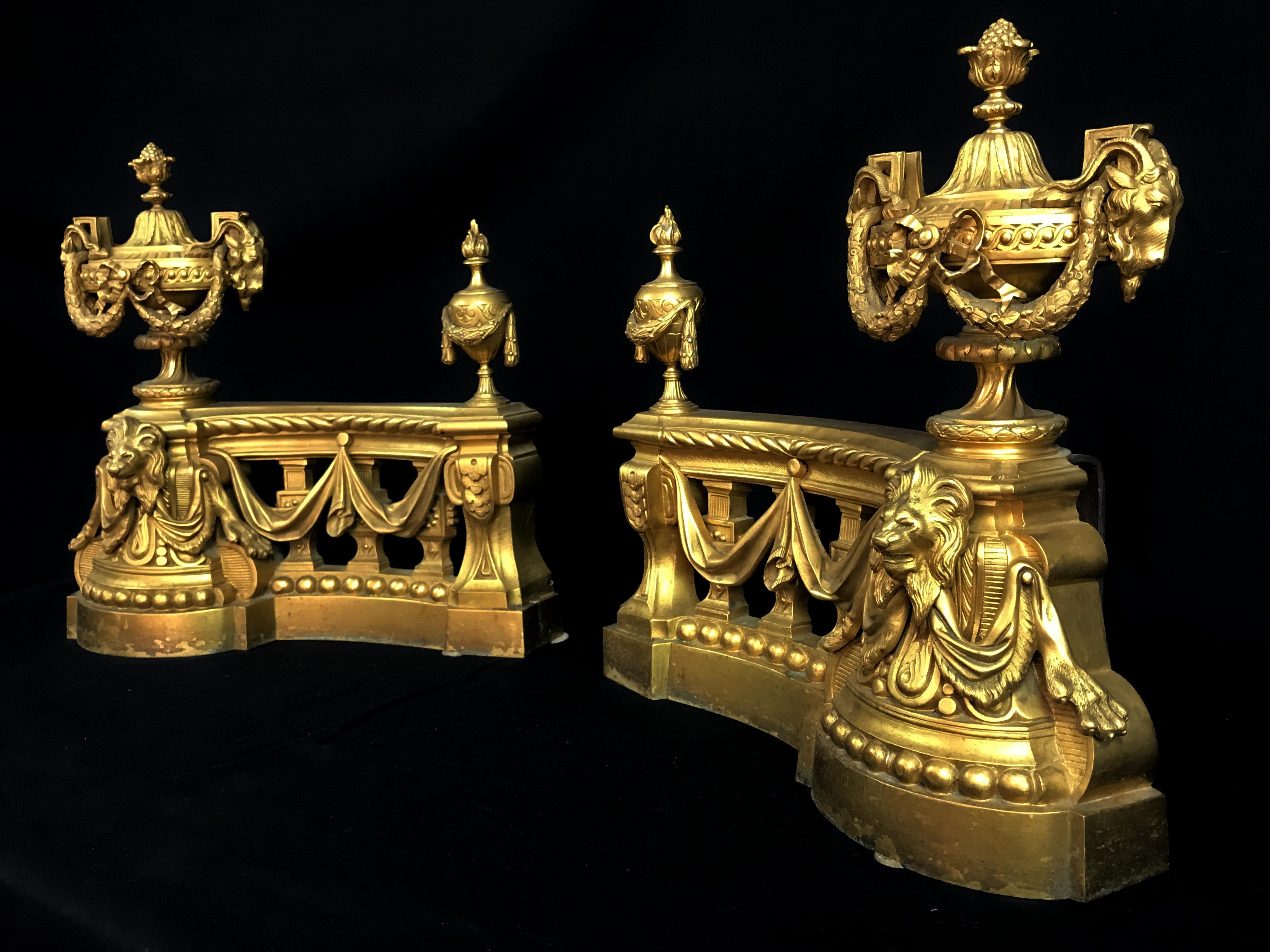 A pair of large sized Chenet, fine-chiselled gilded bronze, Louis XVI style, 18th century.
   