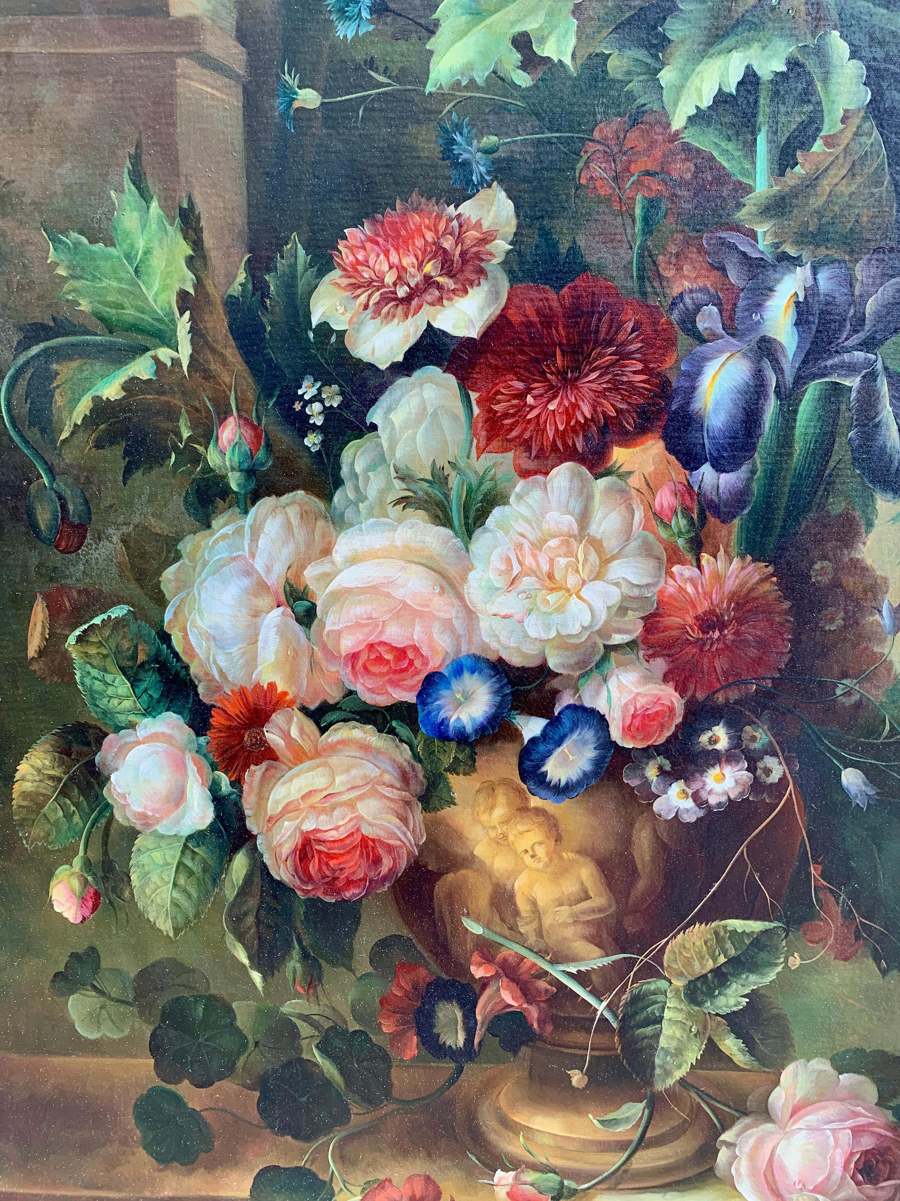 Pair of Large Still Life Oil Paintings of Flowers in Urns 3