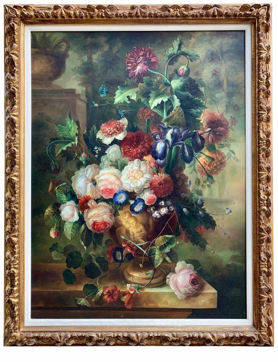 A pair of large very well executed oil paintings on canvas. One depicting a profusion of flowers in an urn, The other a profusion of flowers with peaches and grapes.

Signed: S. Christina
Circa: 1950

DImensions (each):
Frame: 46.5