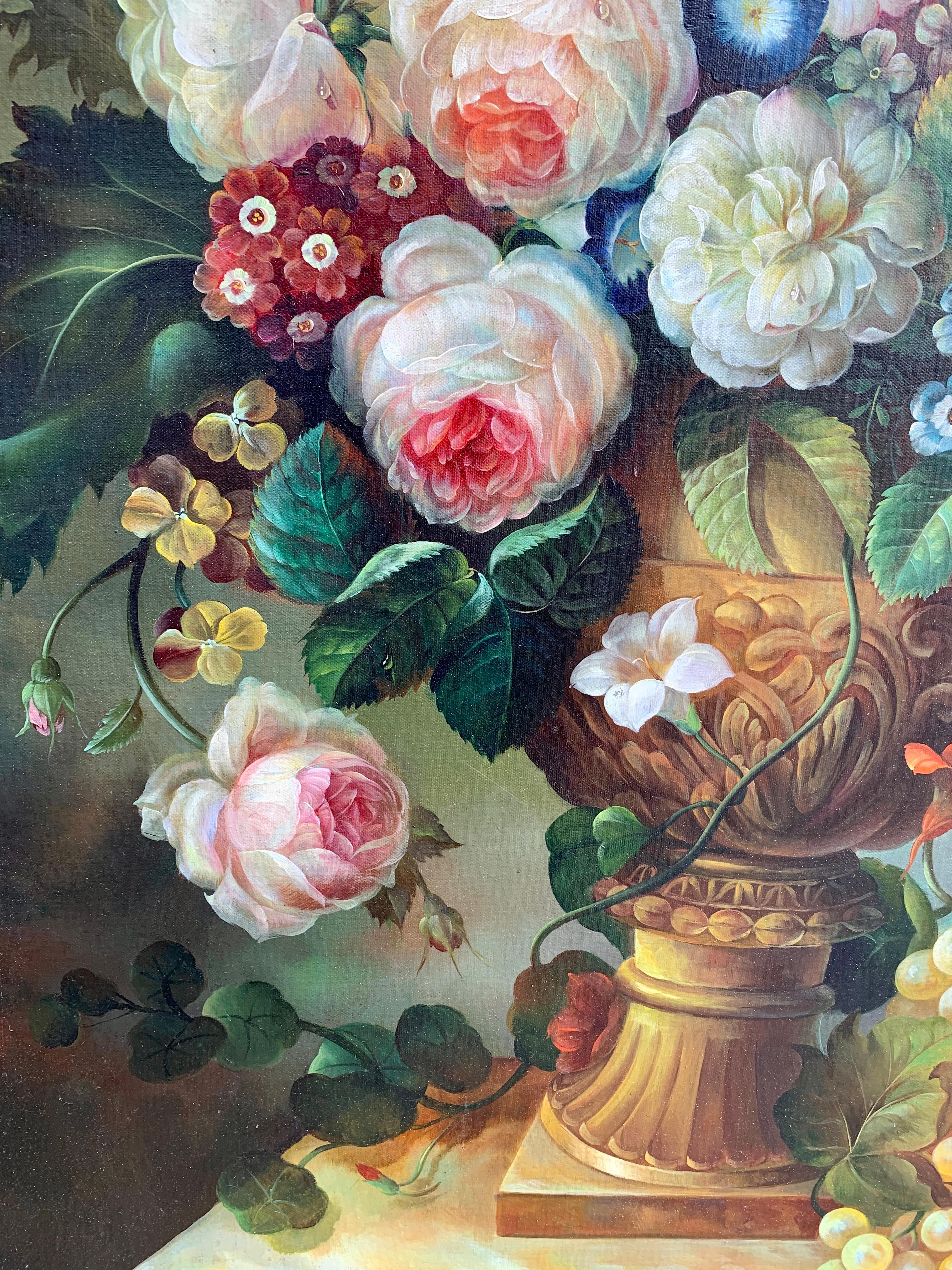 Pair of Large Still Life Oil Paintings of Flowers in Urns In Excellent Condition In Los Angeles, CA