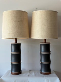 A Pair Of Martz Stoneware Walnut Lamps ca' 1960's Unusual
