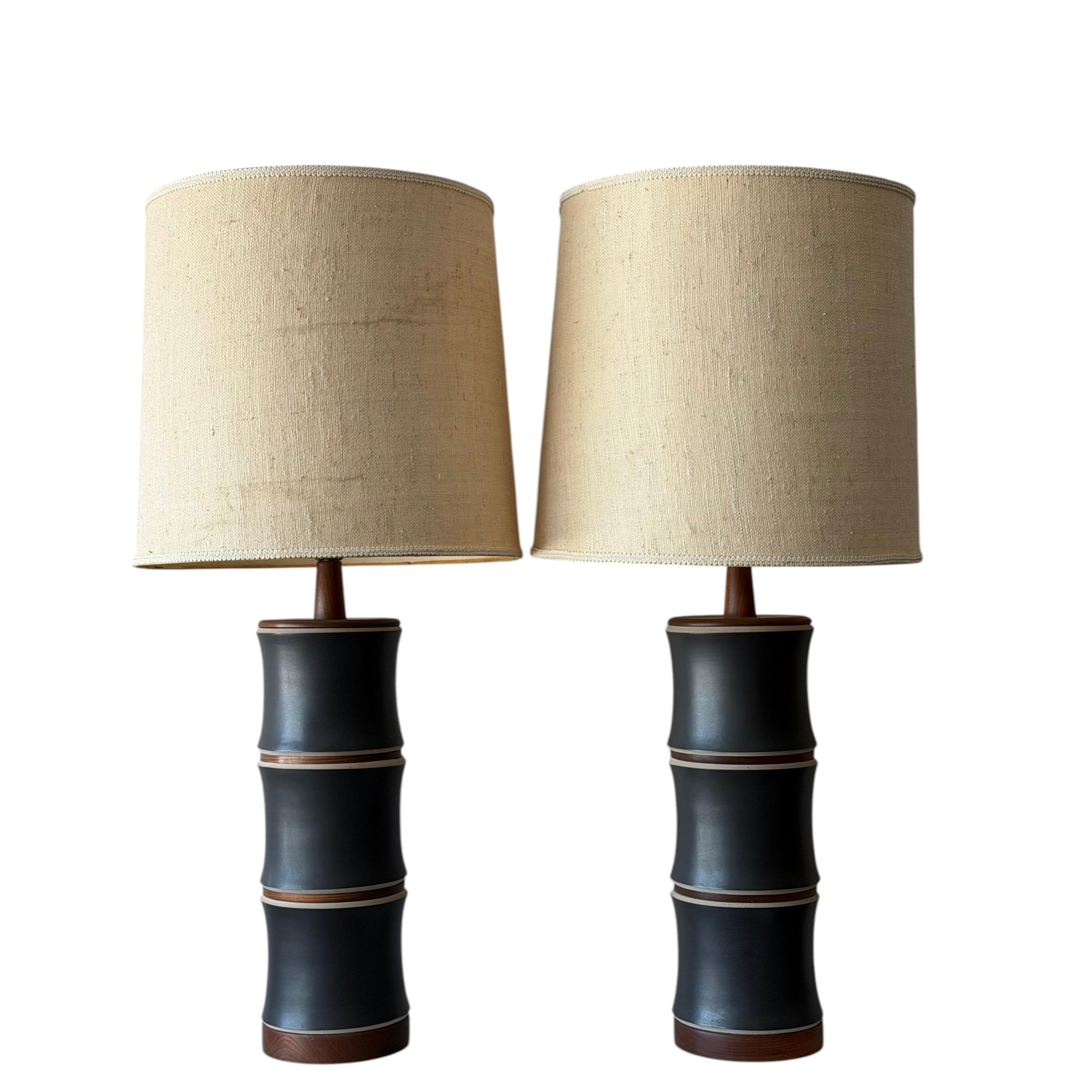A Pair Of Martz Stoneware Walnut Lamps ca' 1960's Unusual For Sale