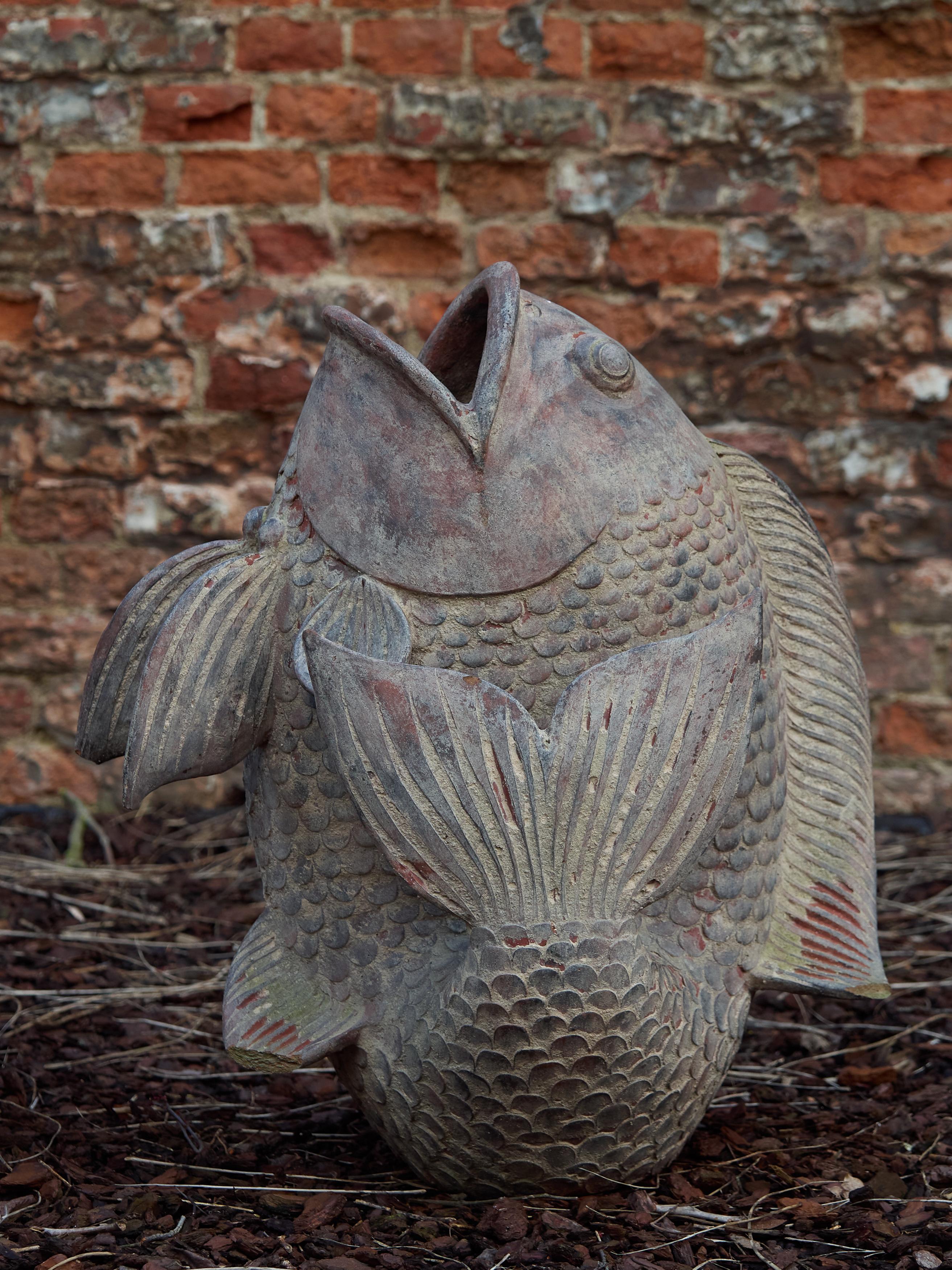 19th Century Pair of Large Terracotta Koi Fish Garden Sculptures