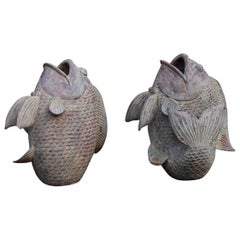 Pair of Large Terracotta Koi Fish Garden Sculptures