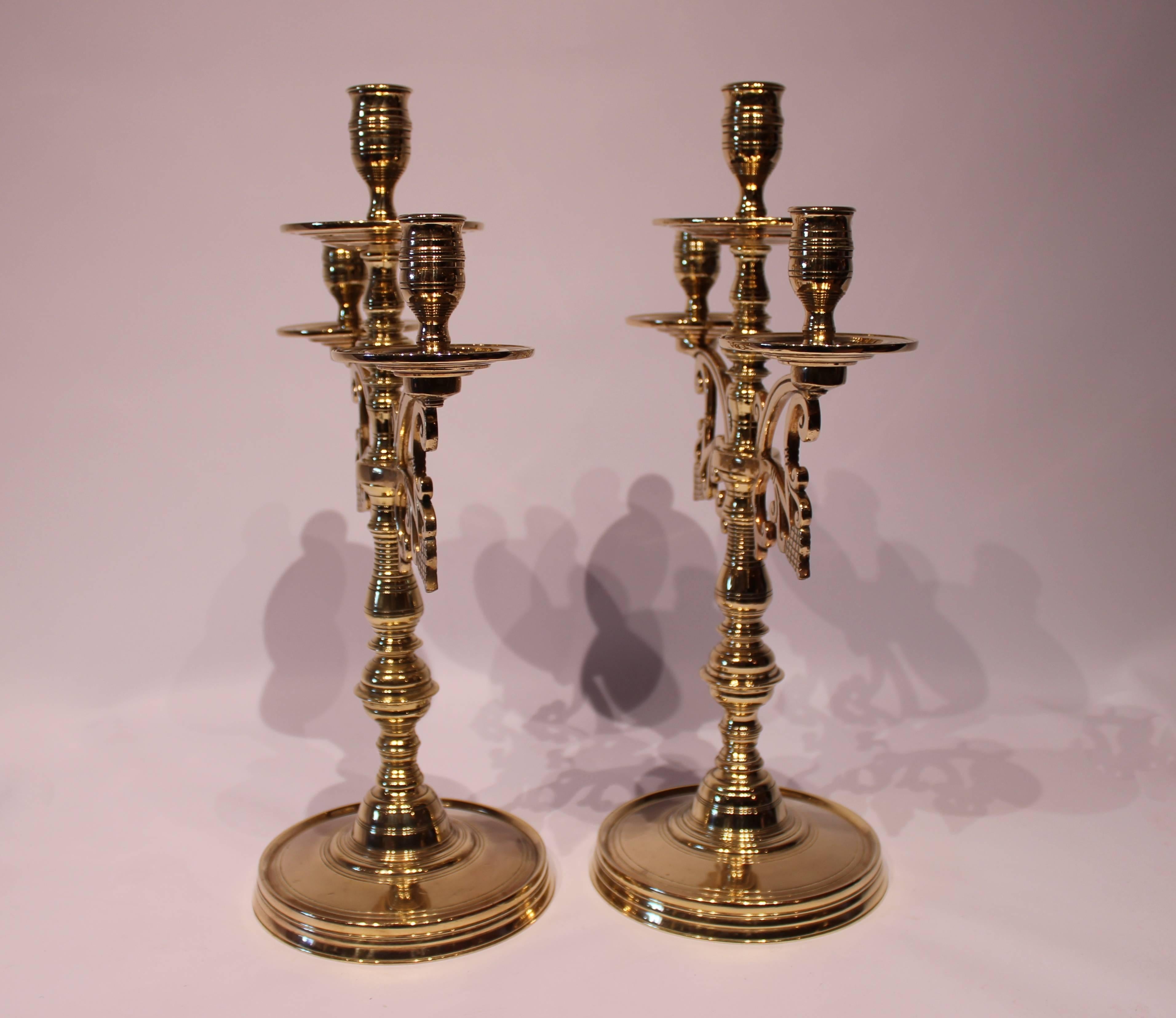 Other Pair of Large Three-Armed Brass Candlesticks, circa 1890s
