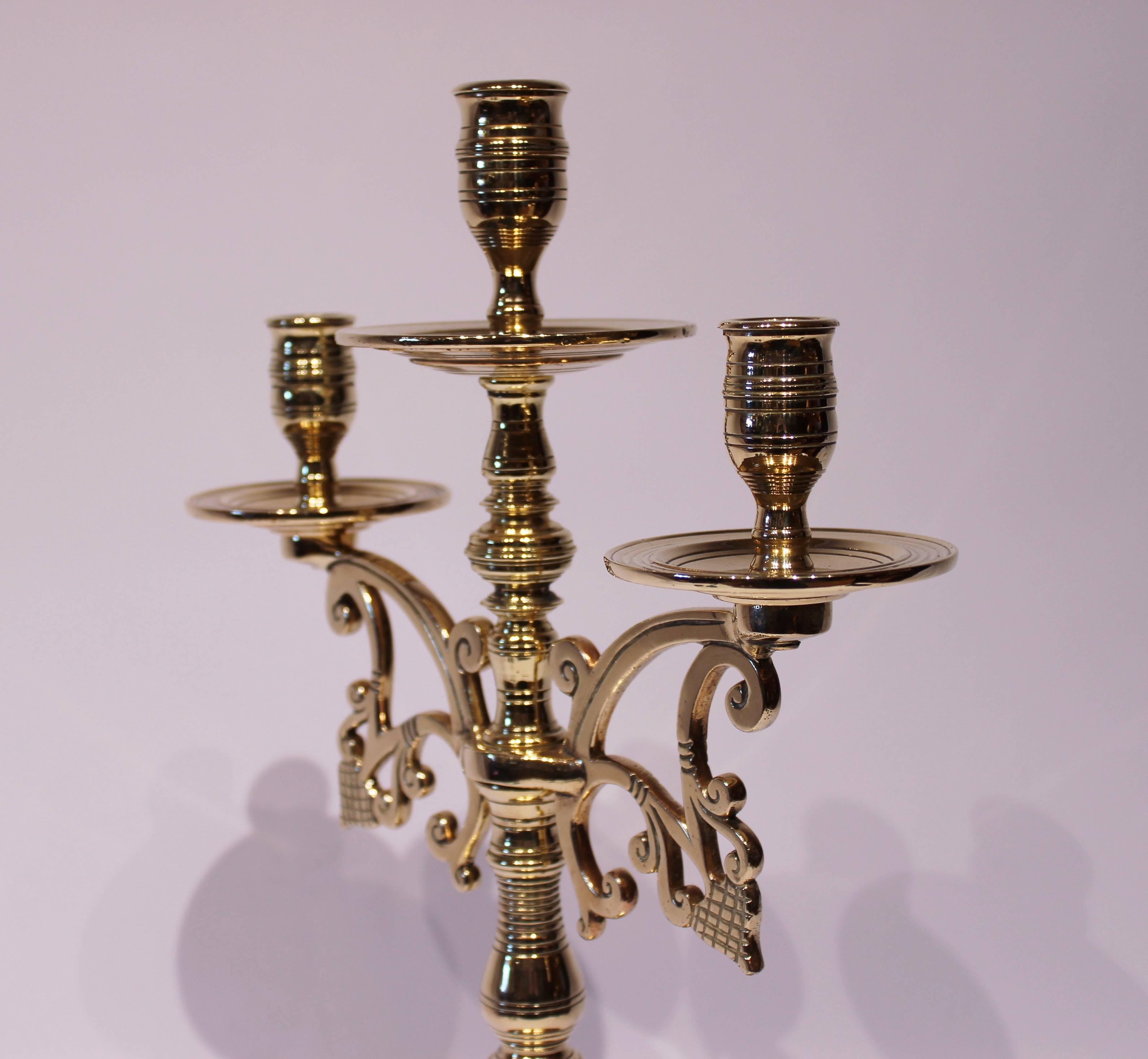 Pair of Large Three-Armed Brass Candlesticks, circa 1890s In Good Condition In Lejre, DK