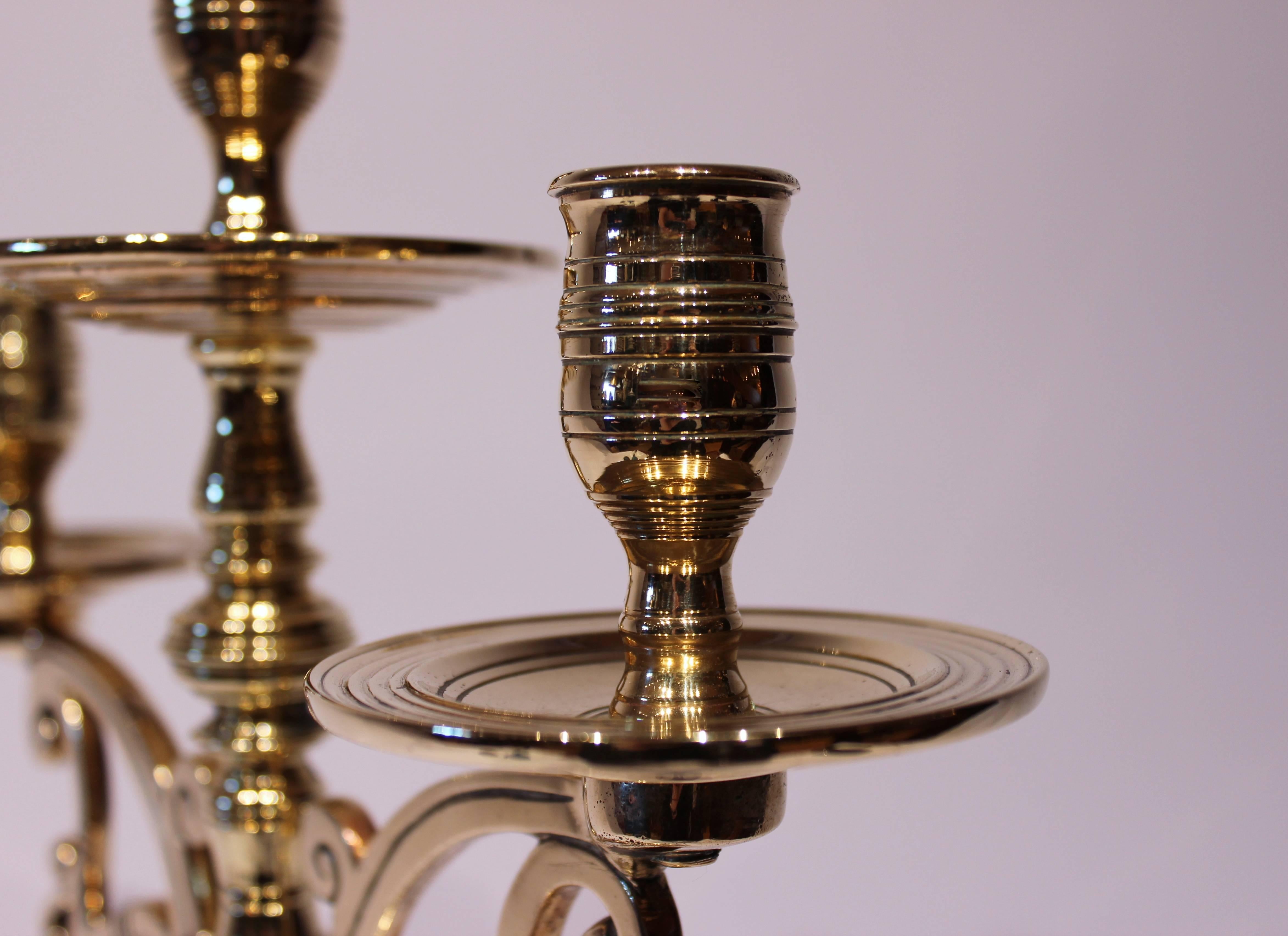 Late 19th Century Pair of Large Three-Armed Brass Candlesticks, circa 1890s