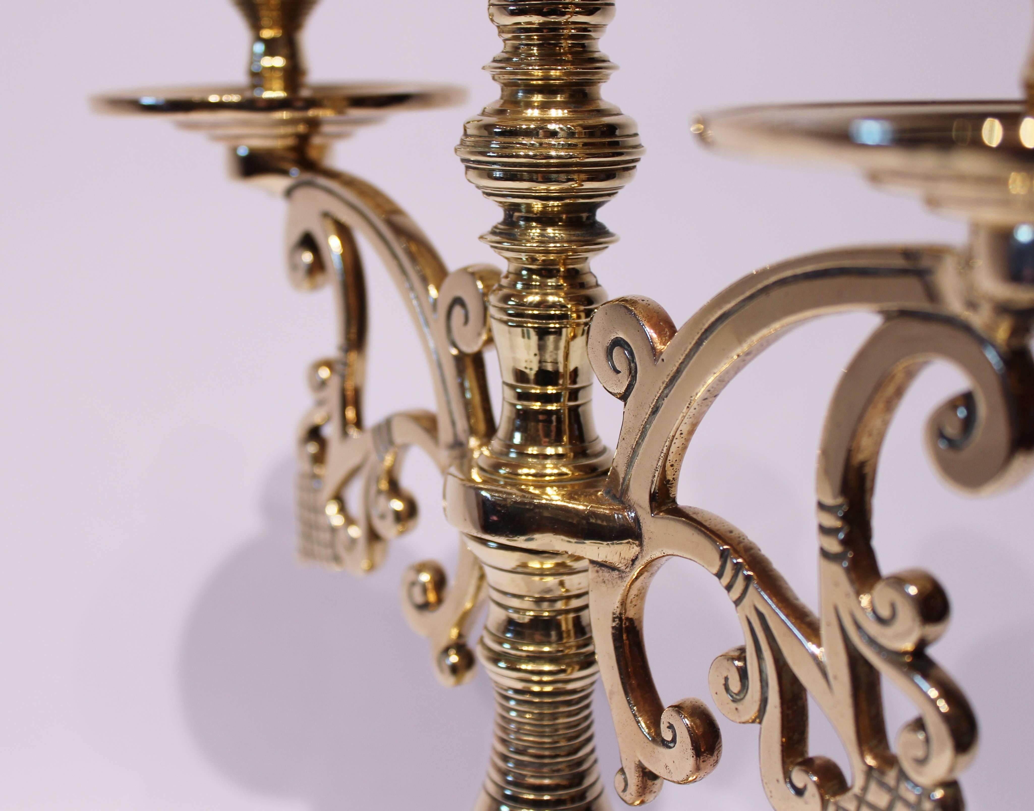 Pair of Large Three-Armed Brass Candlesticks, circa 1890s 1