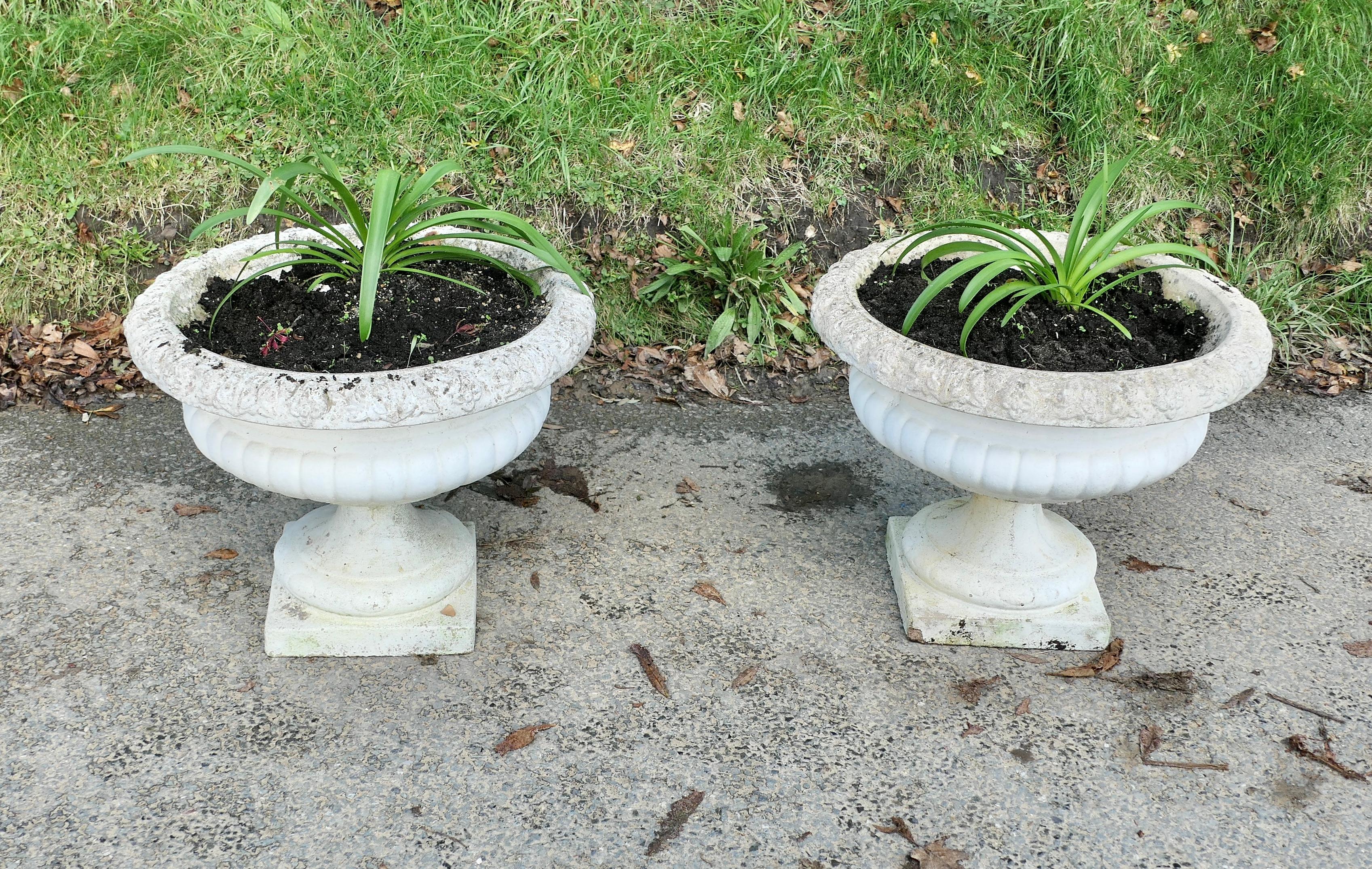 Adam Style A Pair of Large Weathered Cast Stone Garden Planters For Sale