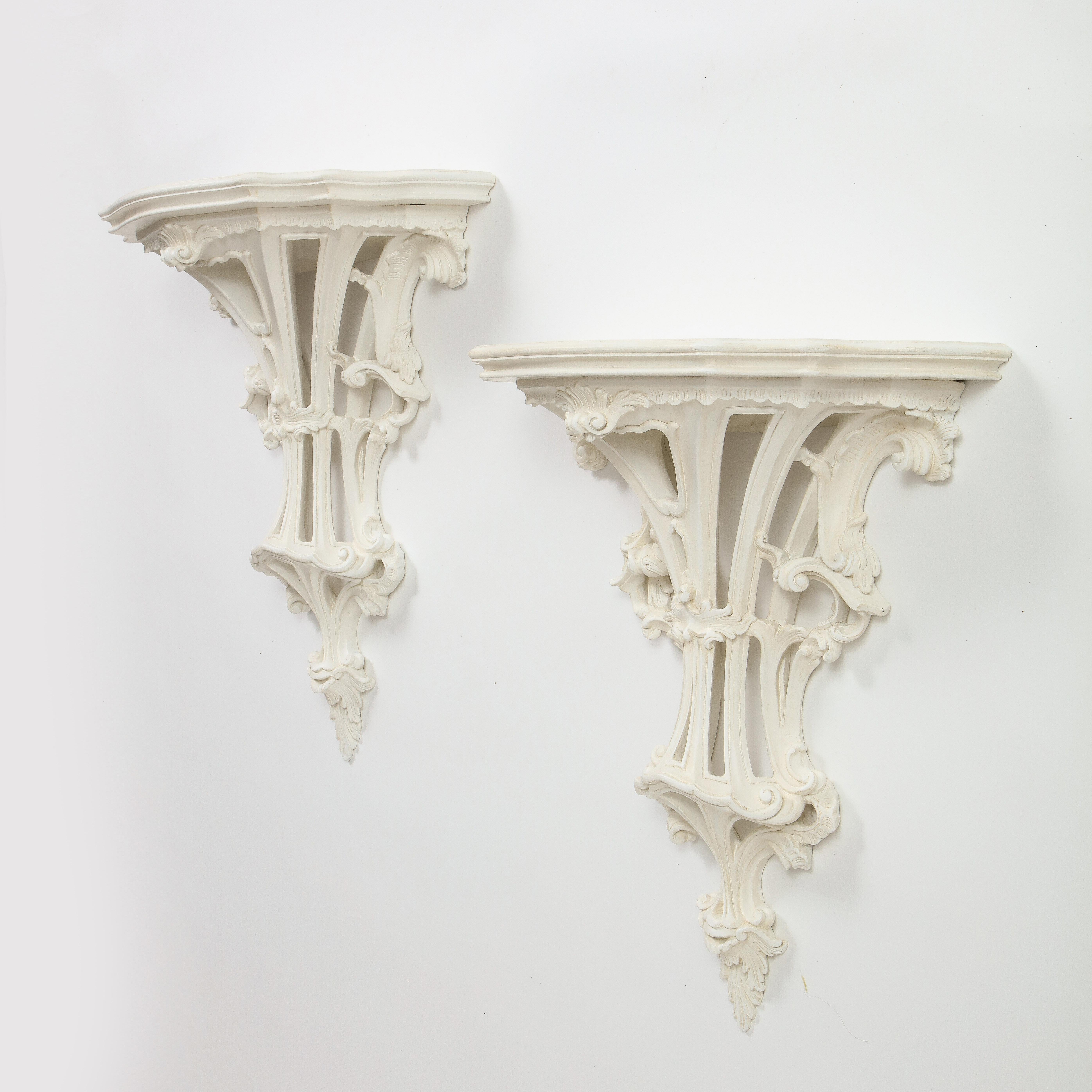 Rococo Revival Pair of Large White-Gessoed Louis XV Style Wall Brackets For Sale