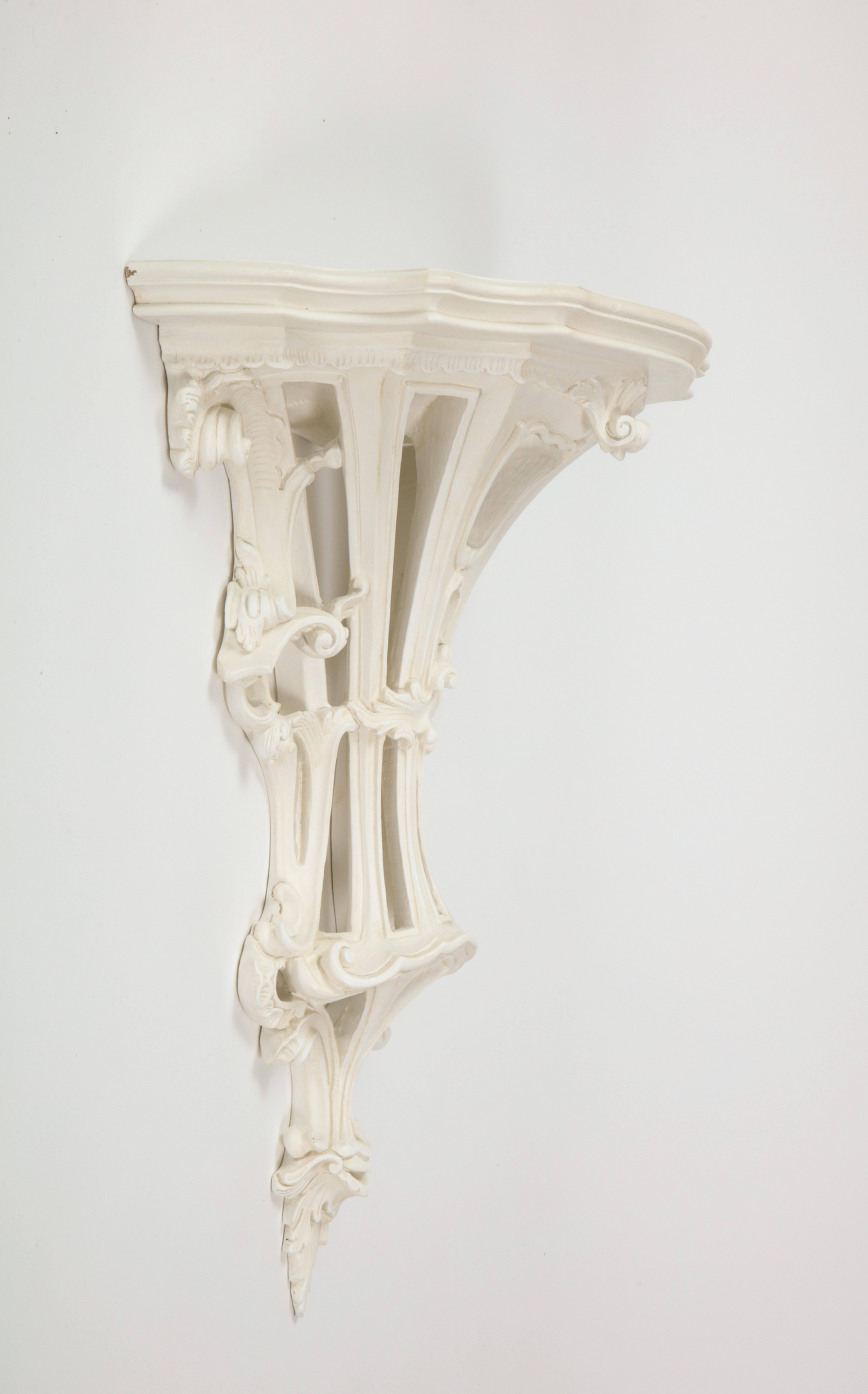 Carved Pair of Large White-Gessoed Louis XV Style Wall Brackets For Sale