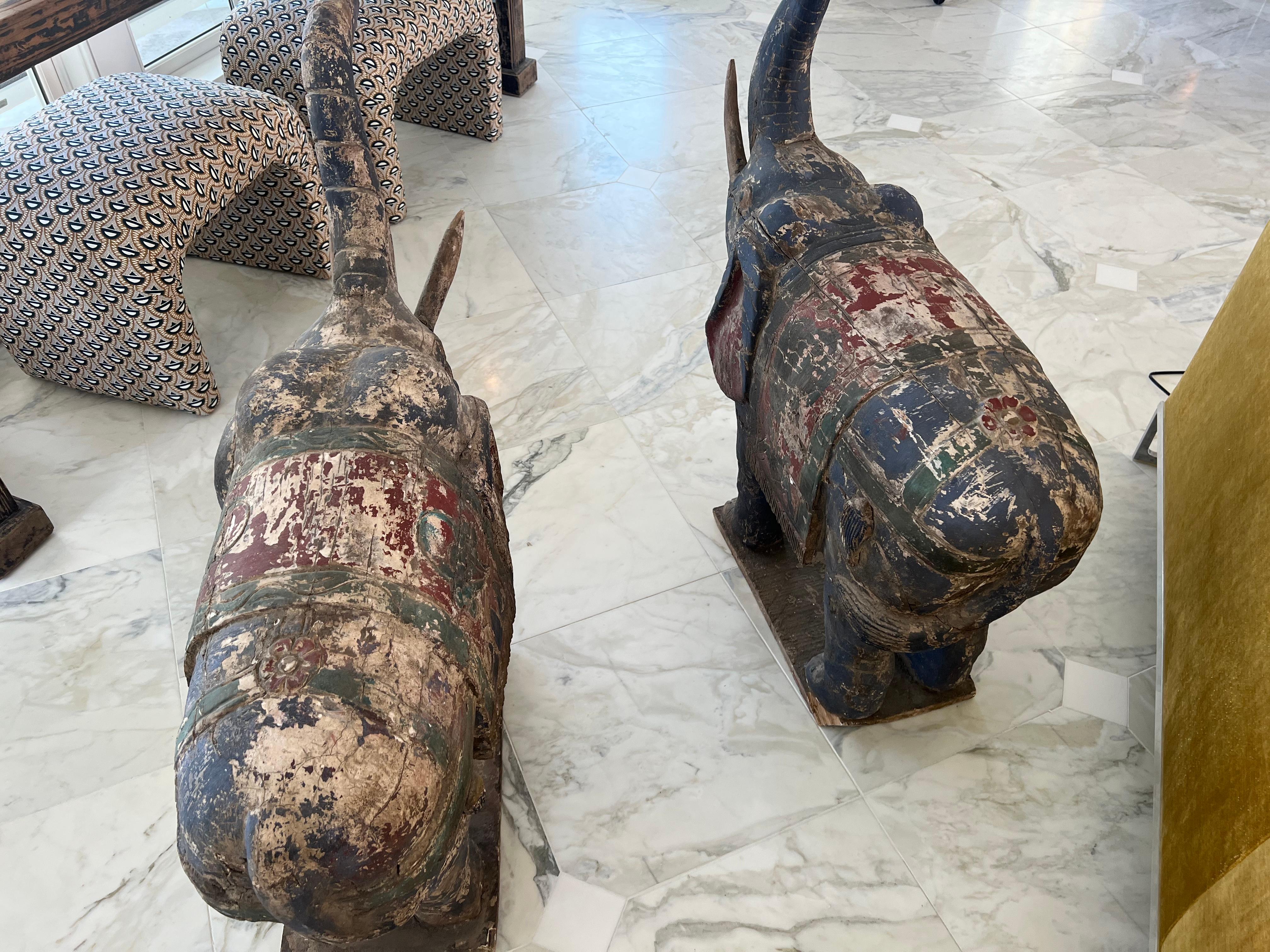 Folk Art Pair of Large Wooden Polychrome Elephants, South-East Asia, 20th C