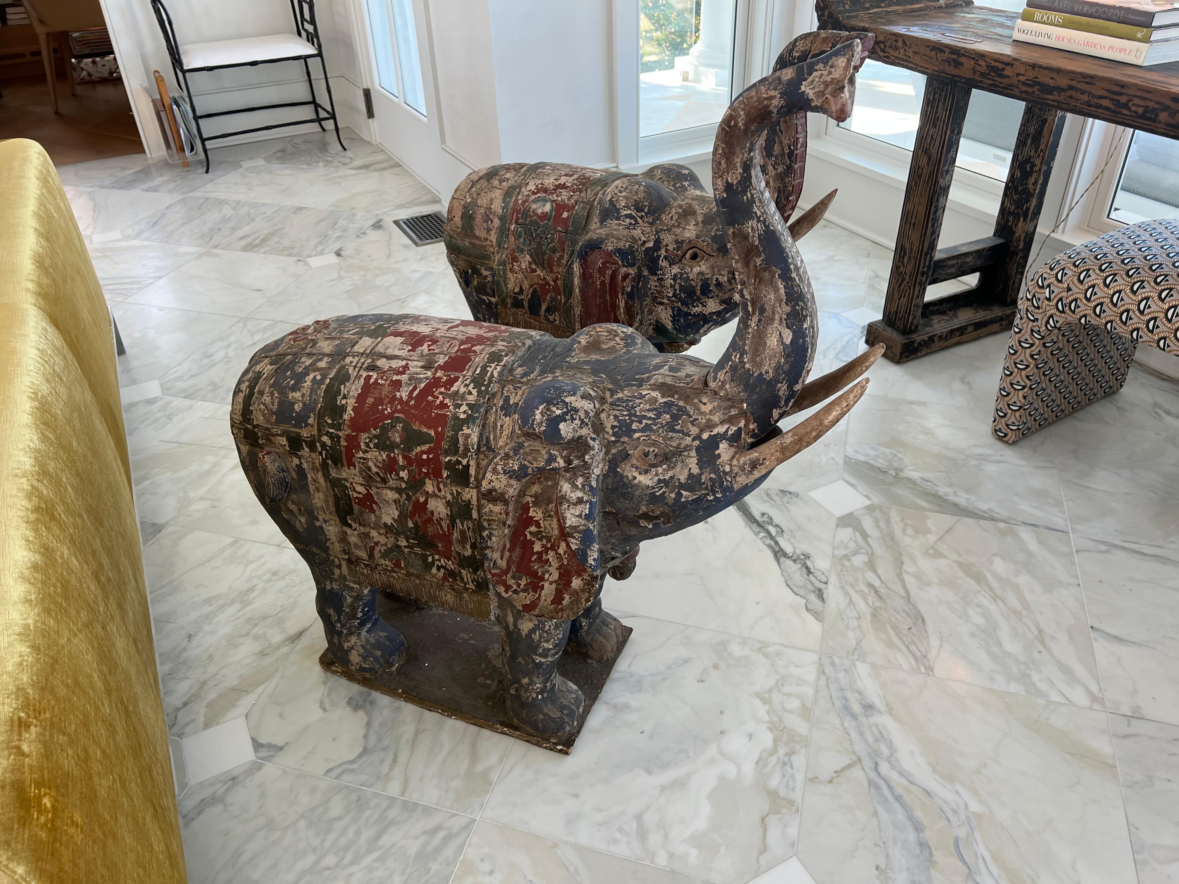 Pair of Large Wooden Polychrome Elephants, South-East Asia, 20th C In Good Condition In Charleston, SC