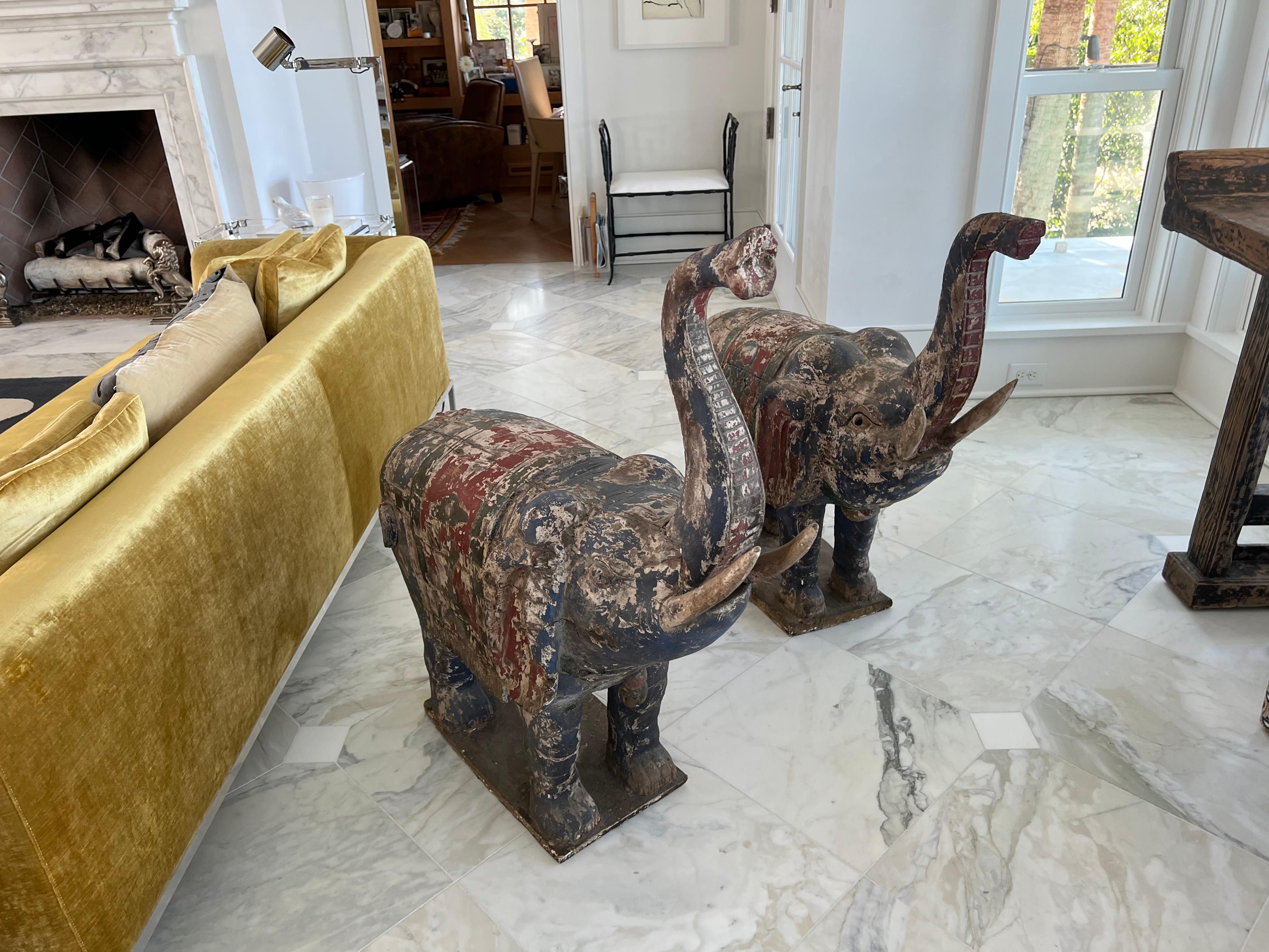 20th Century Pair of Large Wooden Polychrome Elephants, South-East Asia, 20th C