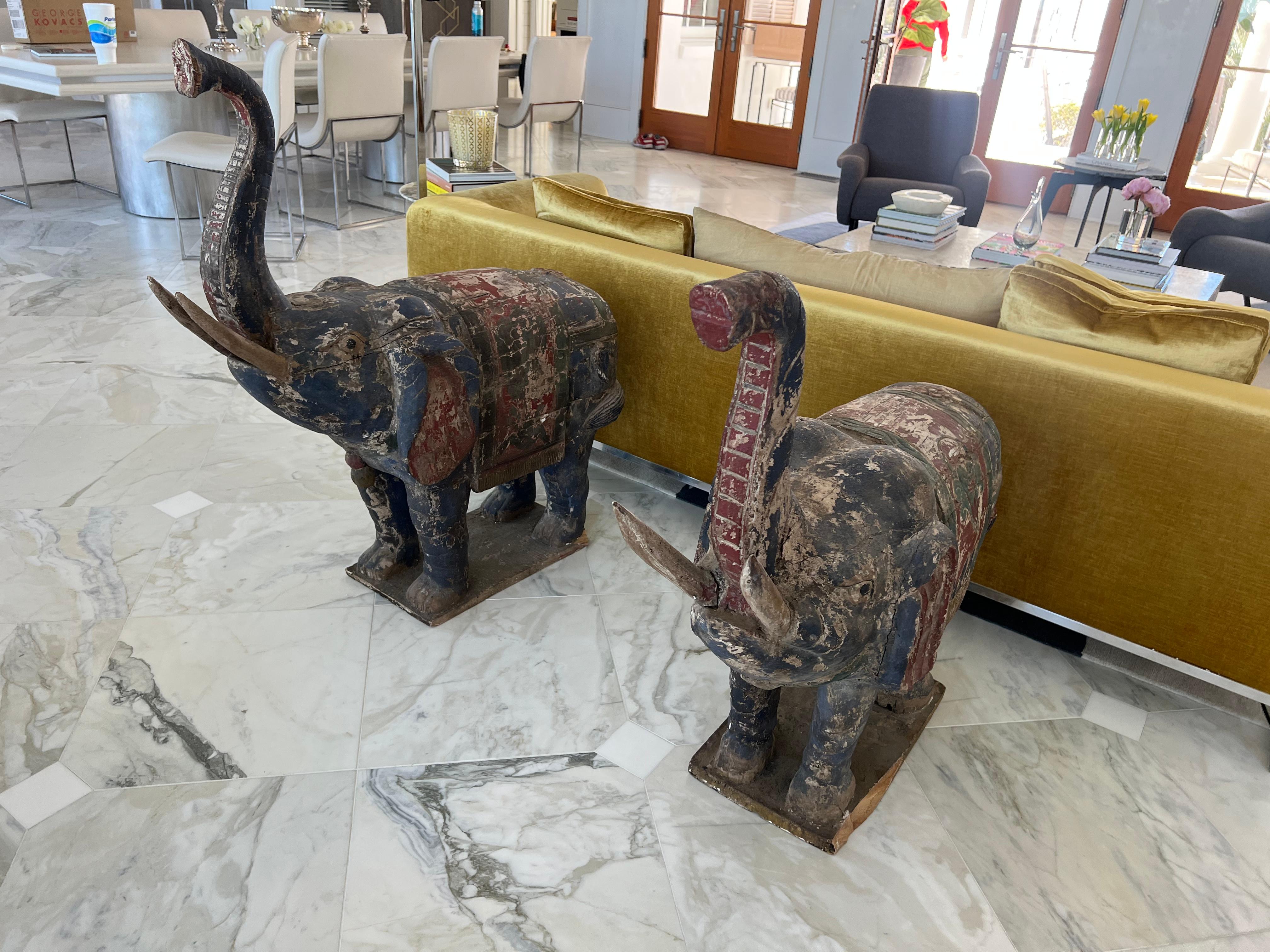 Pair of Large Wooden Polychrome Elephants, South-East Asia, 20th C 2