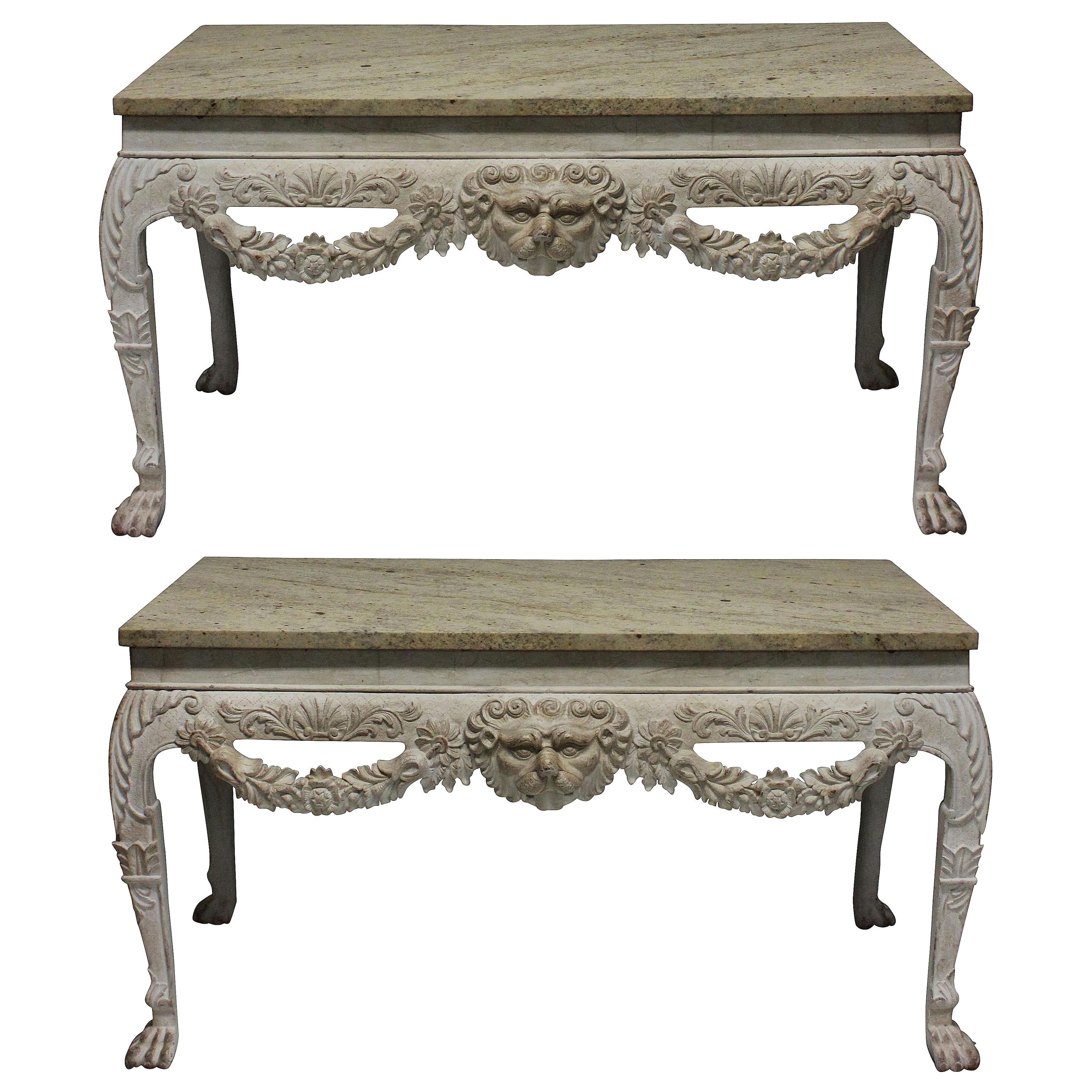 Pair of Large XVIII Century Style Painted Marble Top Consoles