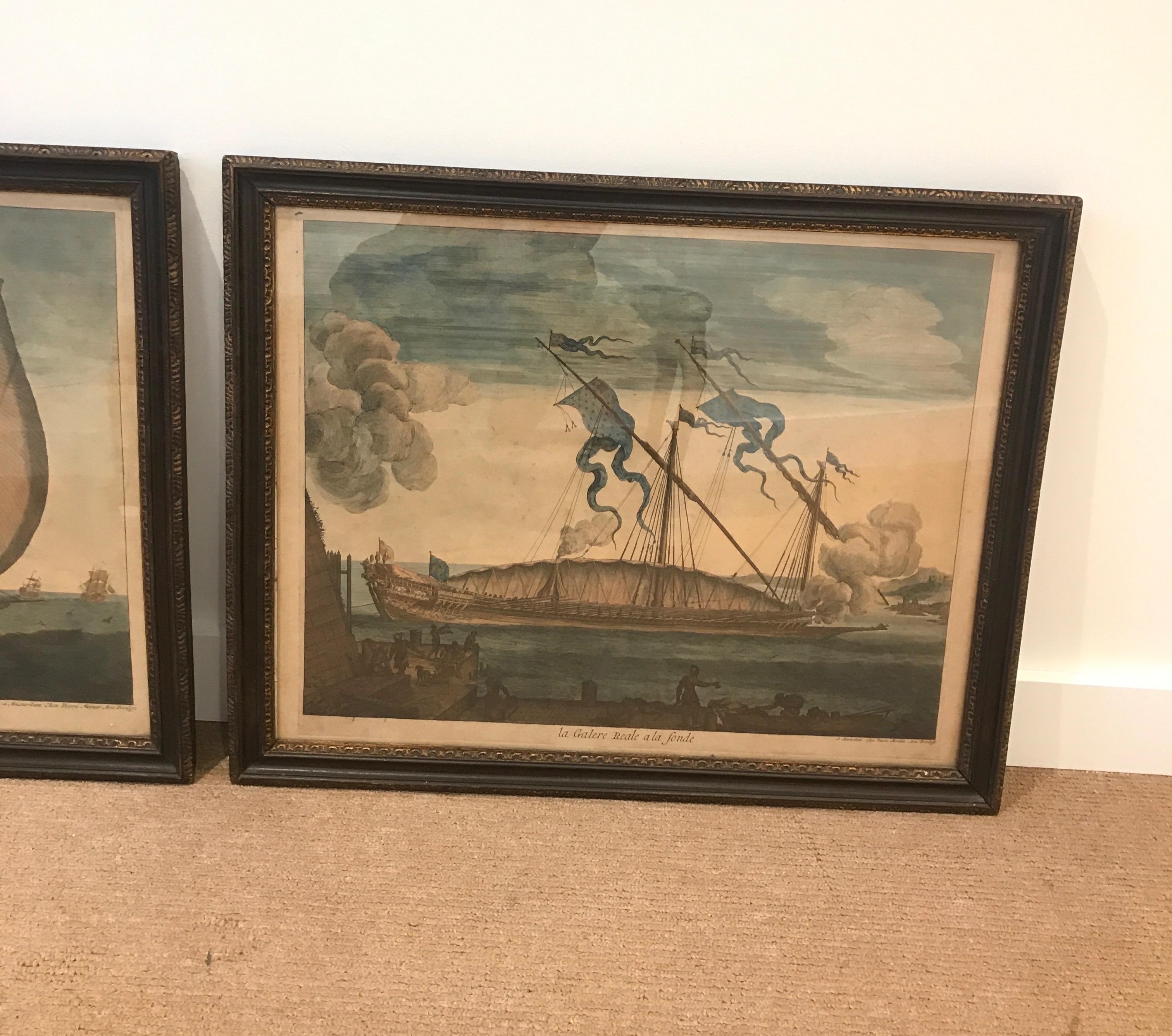 A pair of Dutch late 1600s hand colored engraving prints by Pierre Mortier, Amsterdam. Overall very good condition with some visible foxing discoloration and folds. the frames in a black painted wood from the late 19th century
Pieter Mortier
