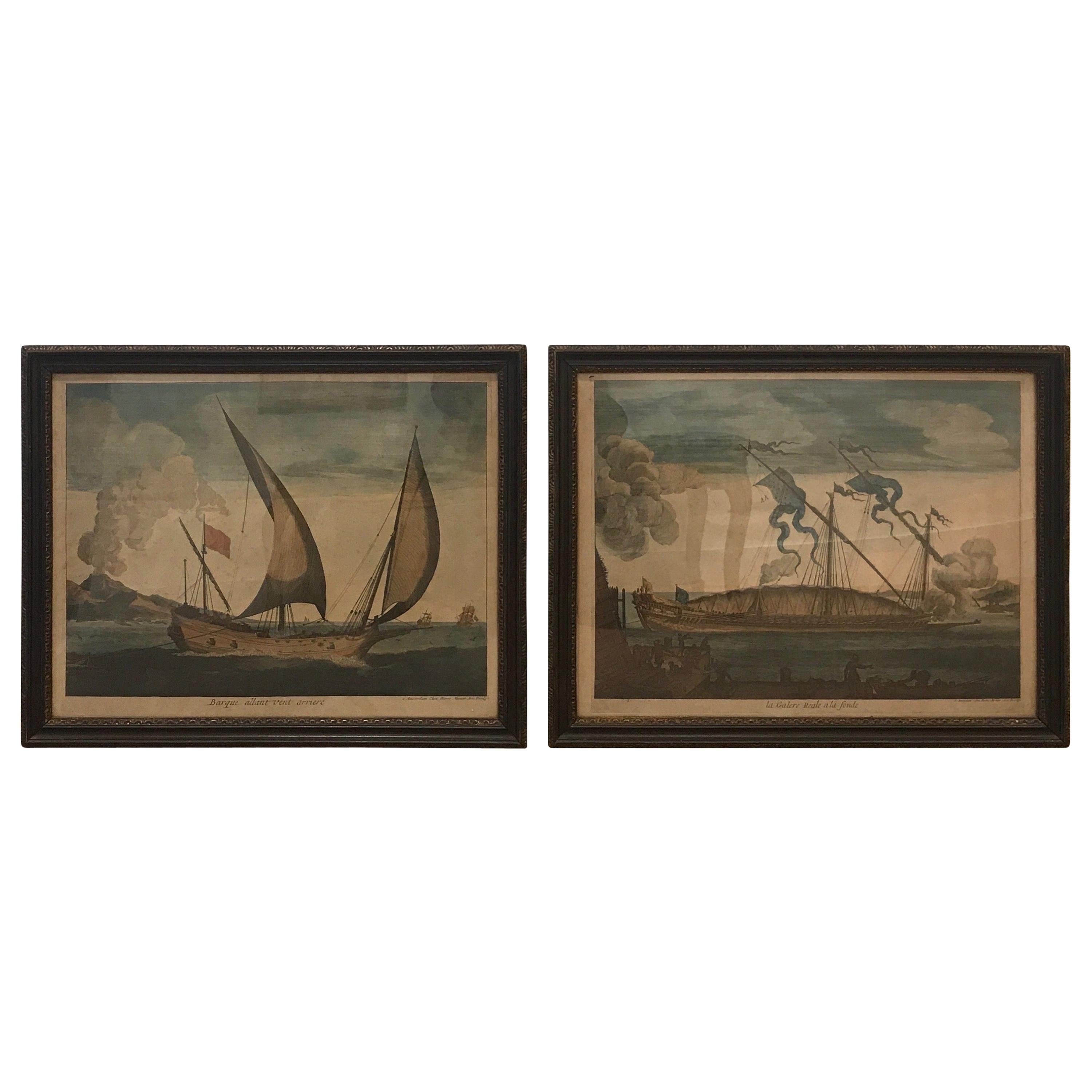 Pair of Late 17th Century Century Dutch Nautical Hand Colored Engraving Prints