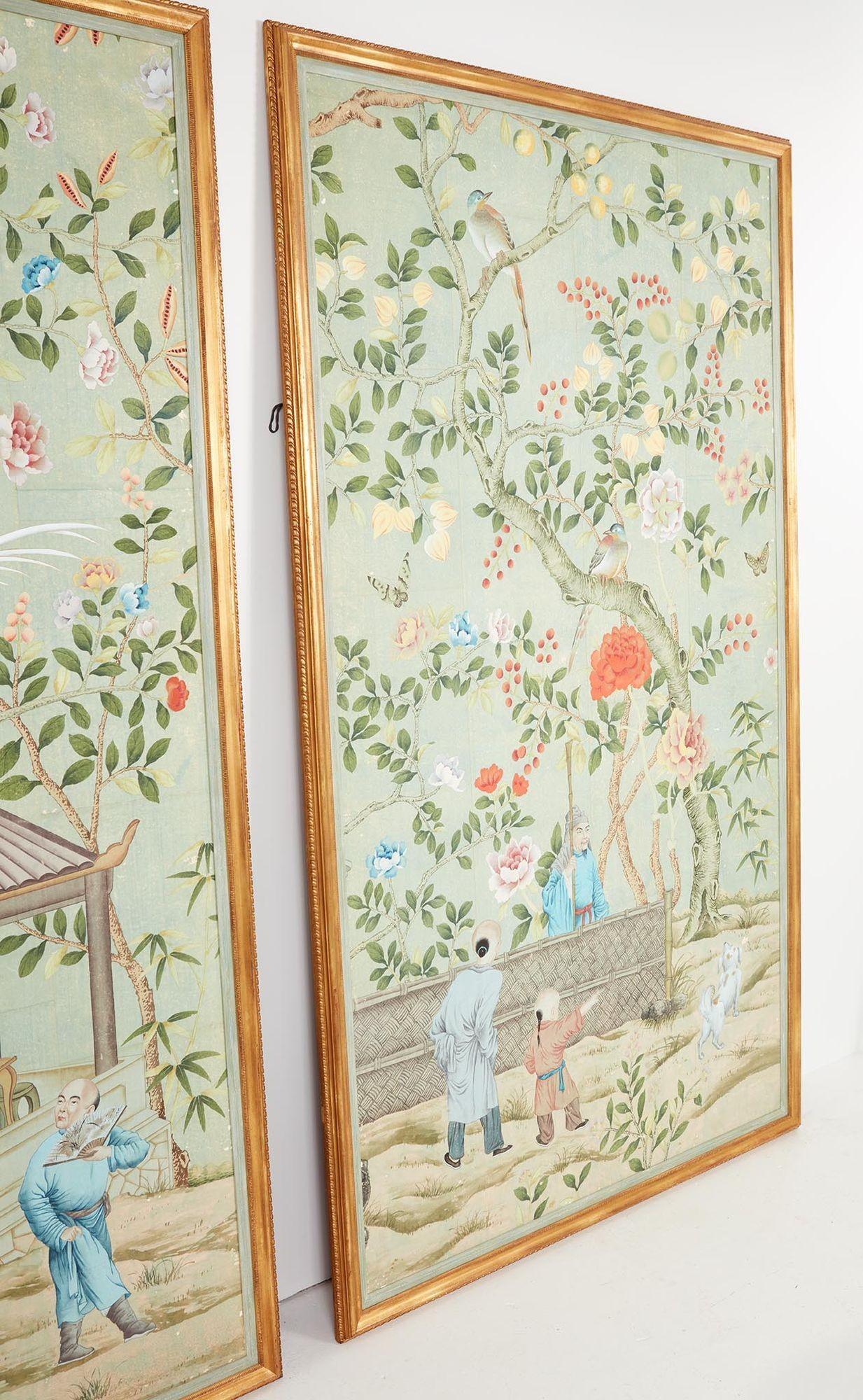 Chinese A Pair of Late 18th c. Chinoiserie Framed Wallpaper Panels For Sale